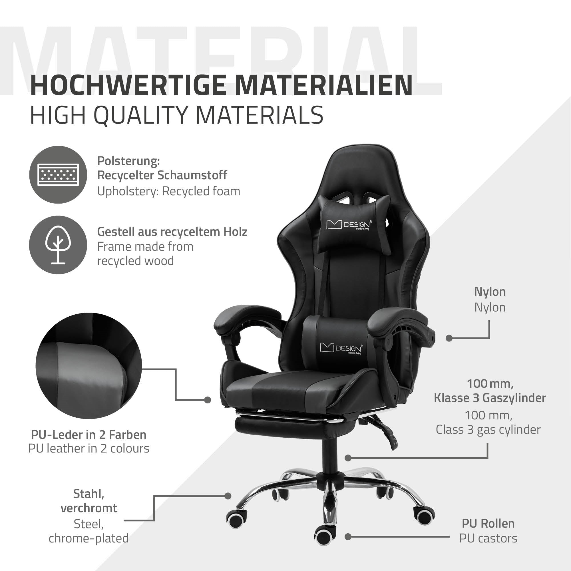 Grafik mit Informationen zu Materialien eines Gaming-Stuhls in Schwarz.