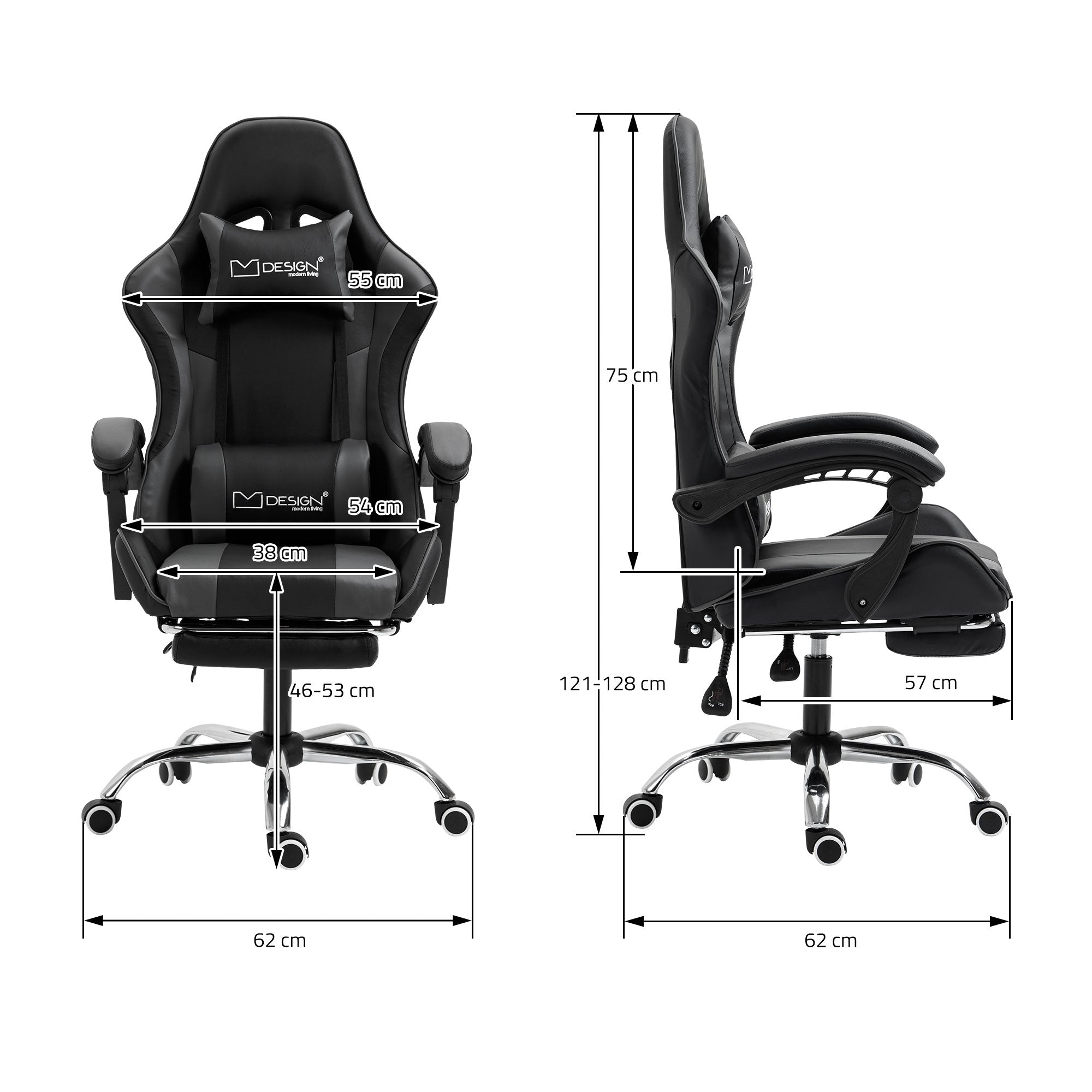 Technický výkres herní židle s rozměry a detaily.