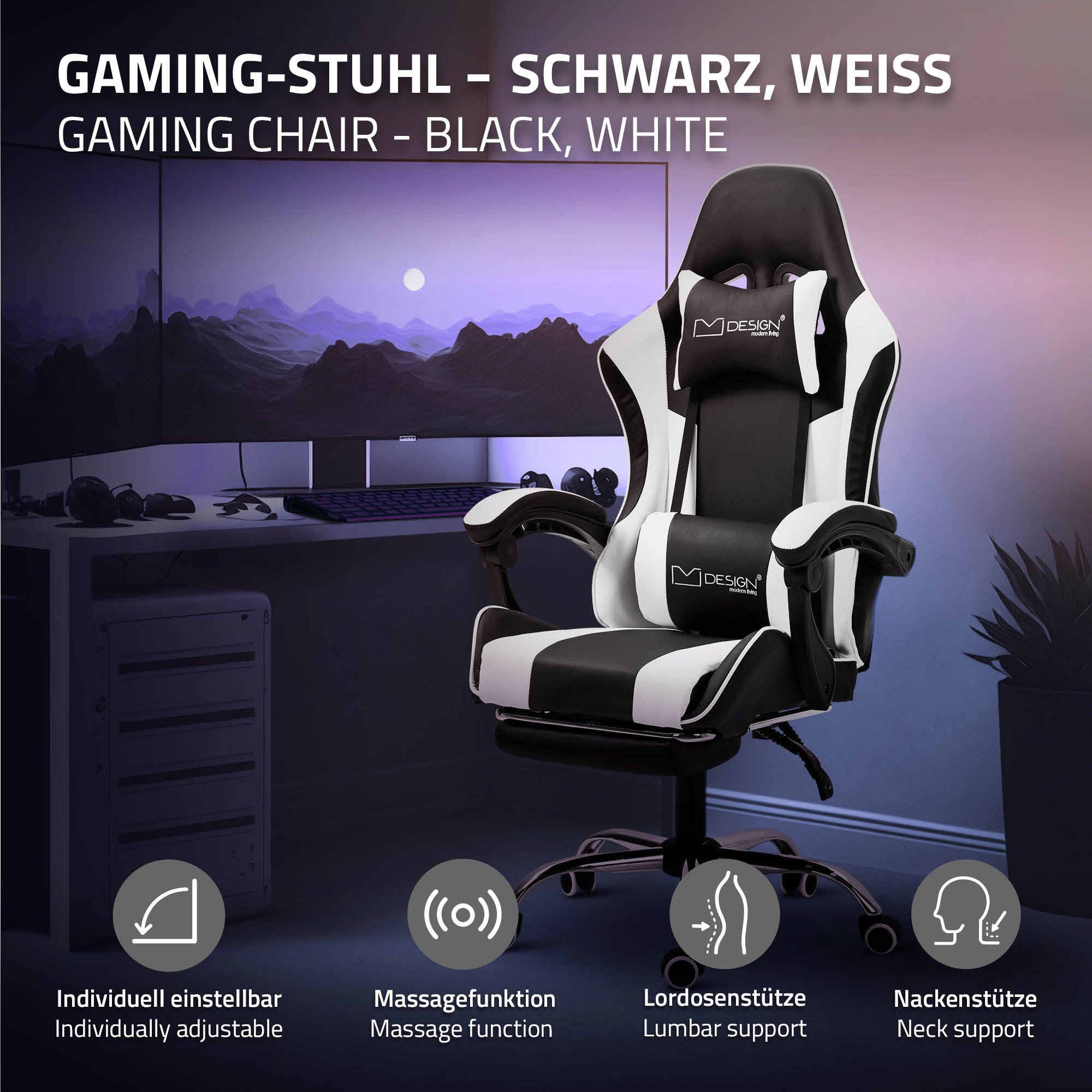 Gráfico de una silla de gaming en negro y blanco con funciones.