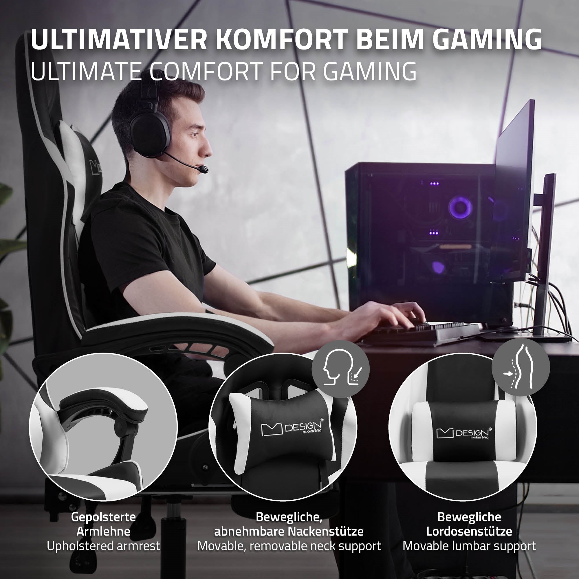 Hombre con auriculares sentado en un escritorio frente a un PC, silla de gaming en foco.
