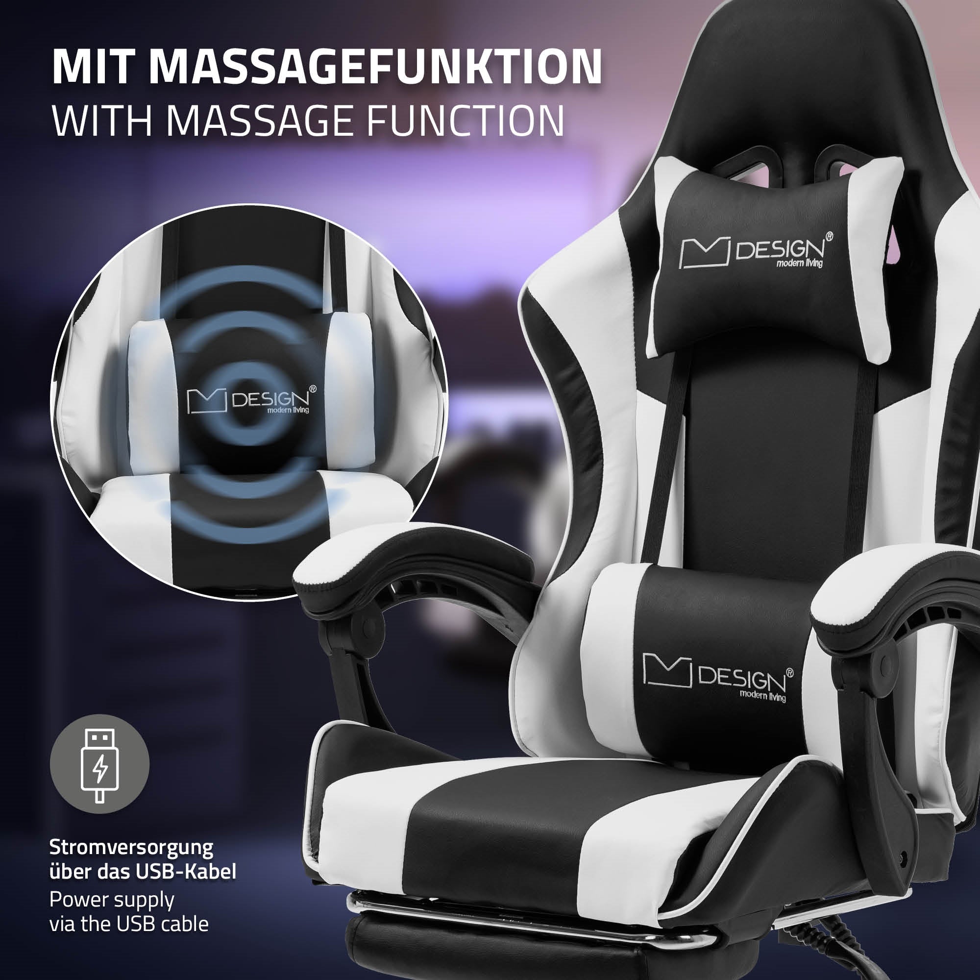 Silla de gaming con función de masaje, puerto USB visible.