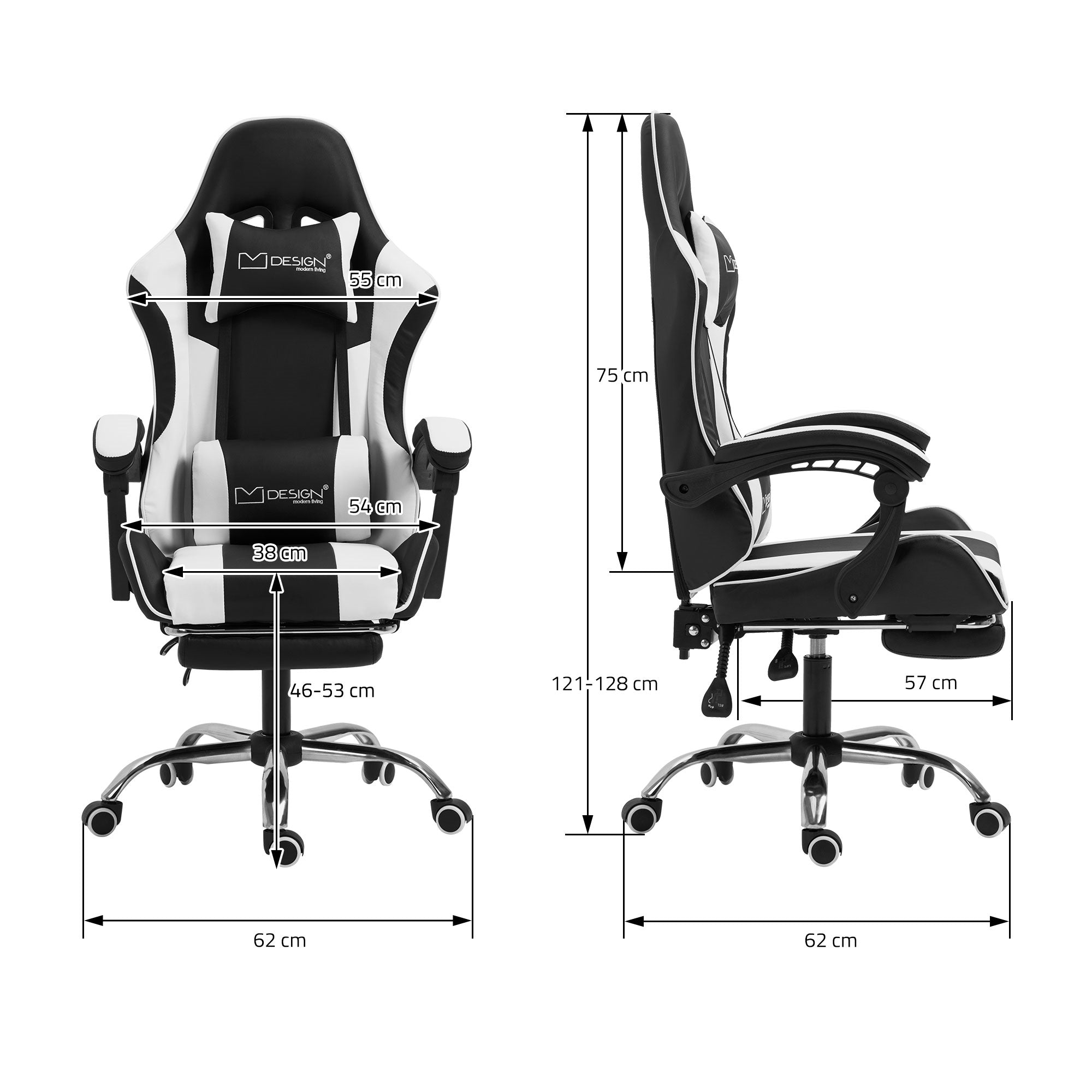 Dibujo de medidas de una silla de gaming con especificaciones de altura y ancho.