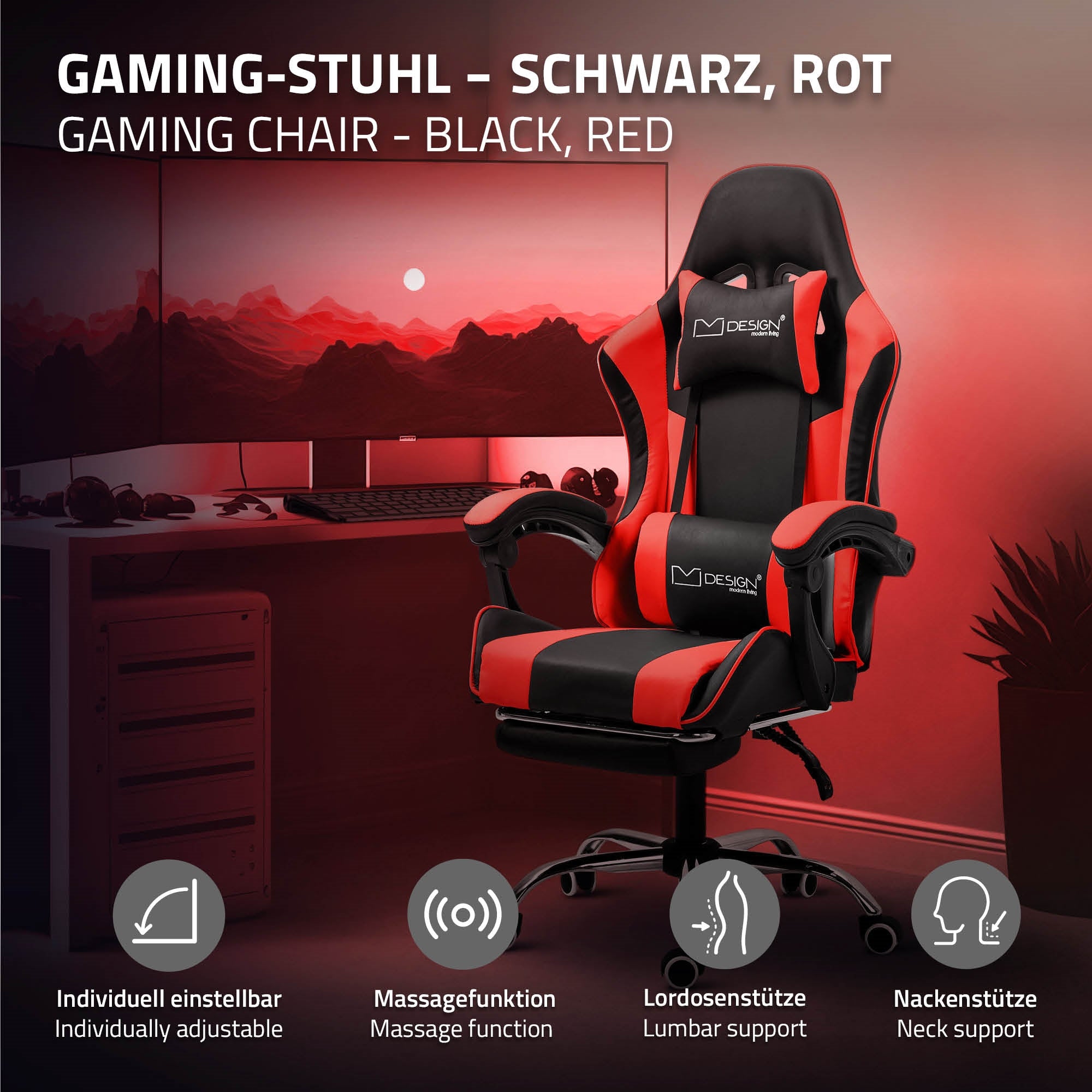 Schwarzer und roter Gaming-Stuhl mit Massagefunktion und verstellbaren Elementen.
