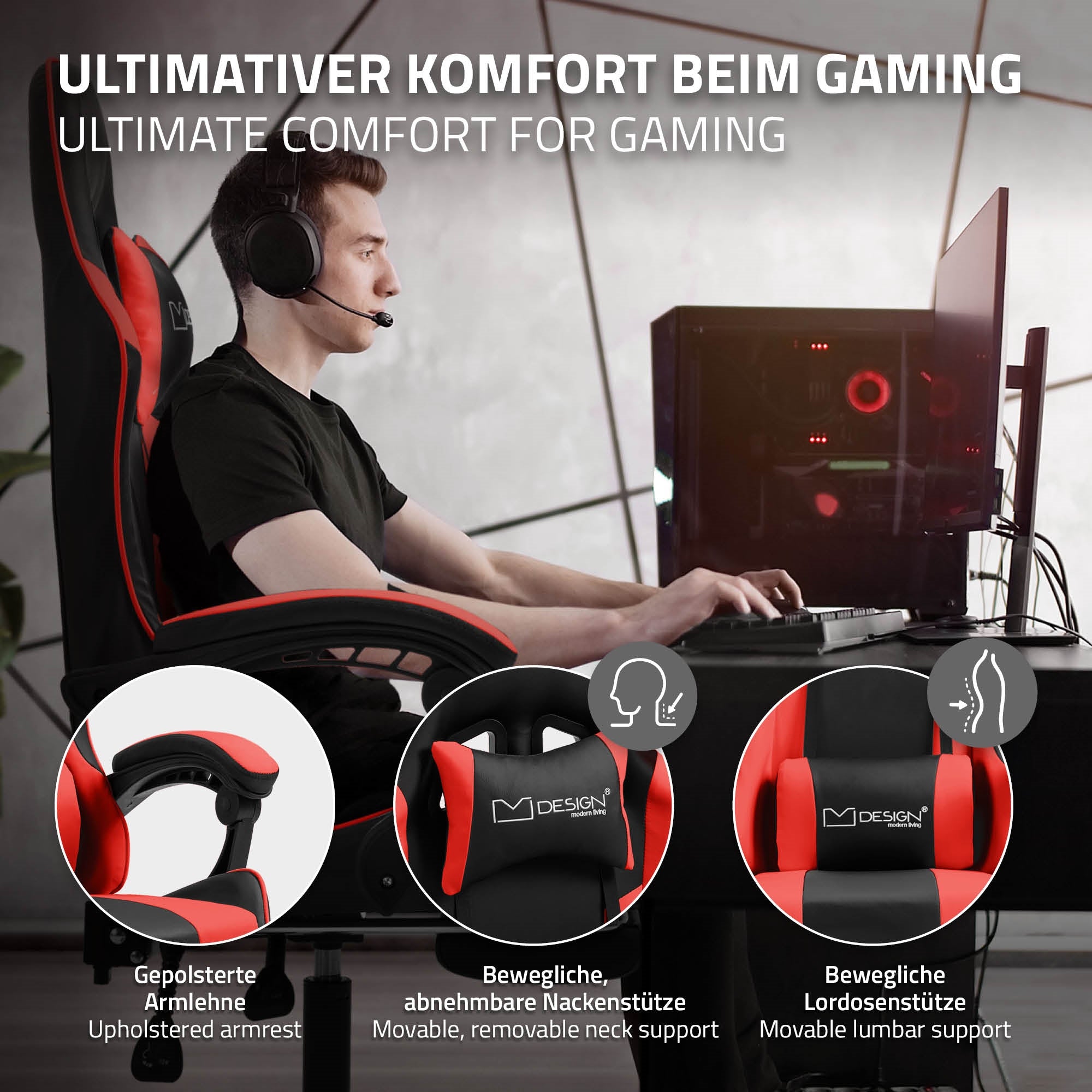 Person mit Headset sitzt an einem Schreibtisch und spielt am Computer.