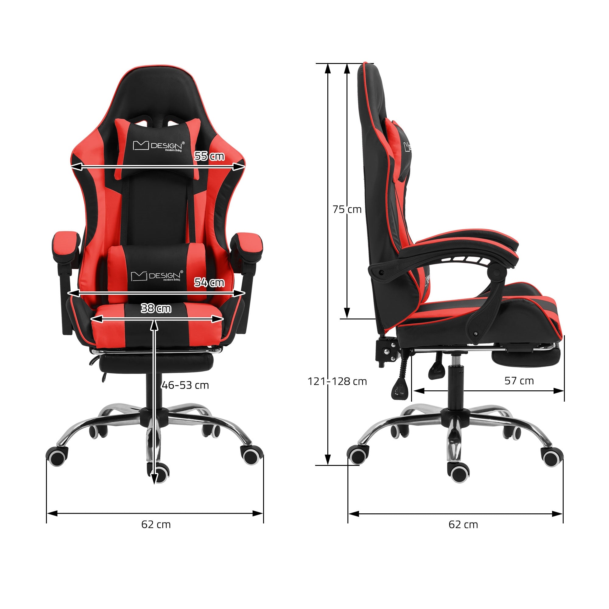 Rot-schwarzer Gaming-Stuhl mit Maßangaben für Höhe und Breite.