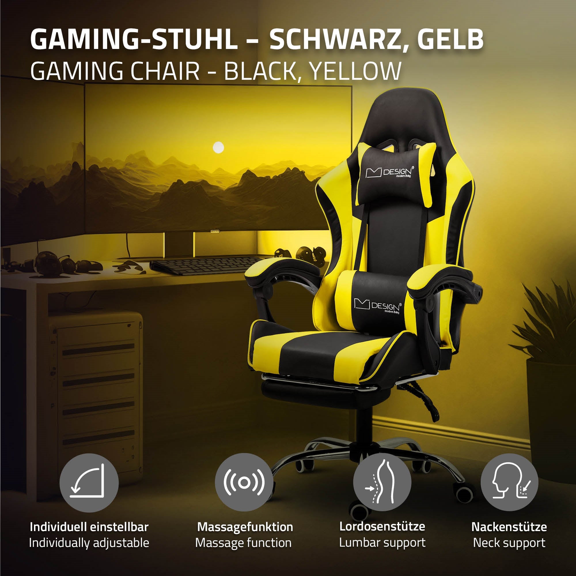 Sedia da gaming nera e gialla con funzione massaggio e parti regolabili.