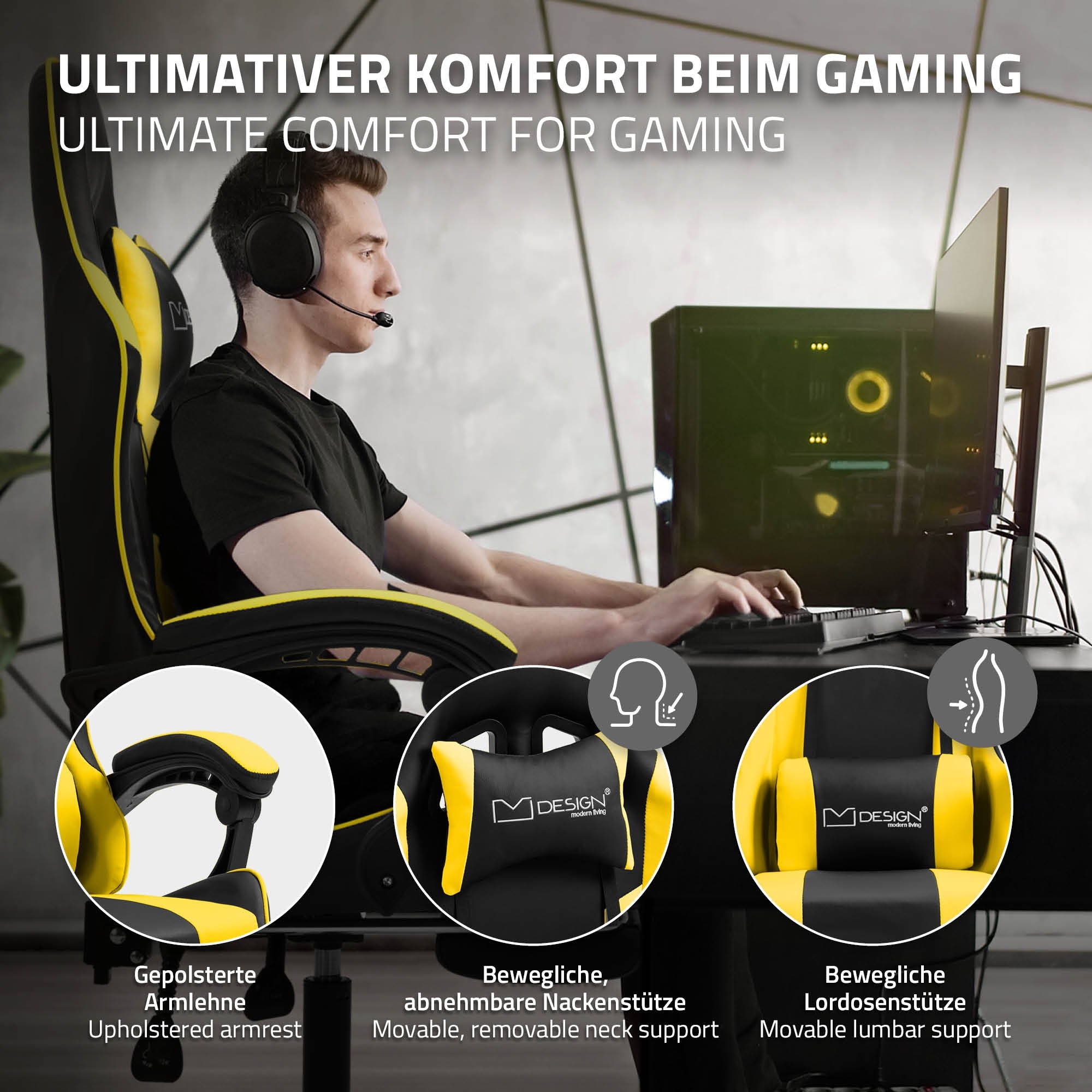 Uomo con cuffie seduto a un PC, circondato da sedia da gaming e computer.