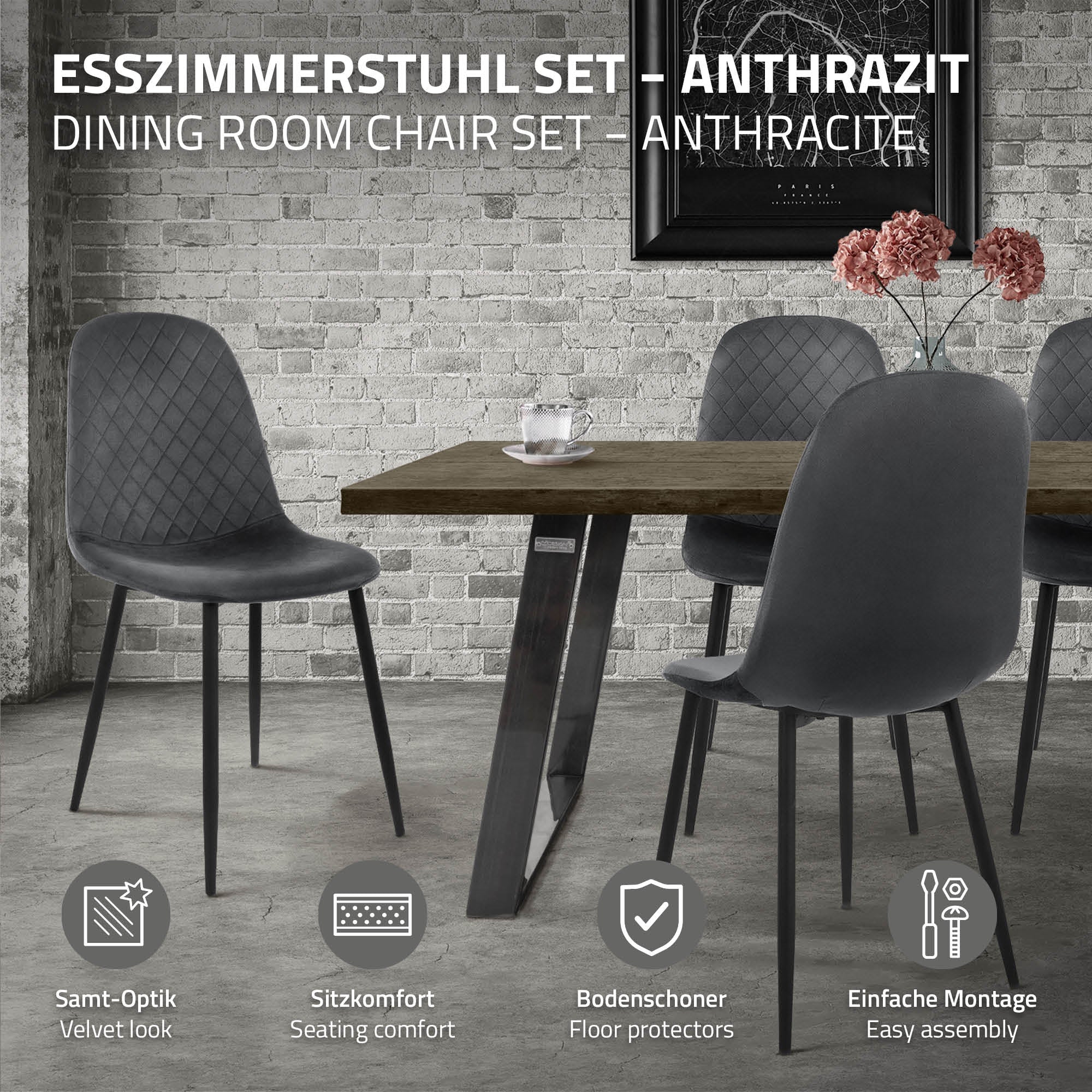 Esszimmerstuhl-Set in Anthrazit vor einem Tisch in einem modernen Raum.