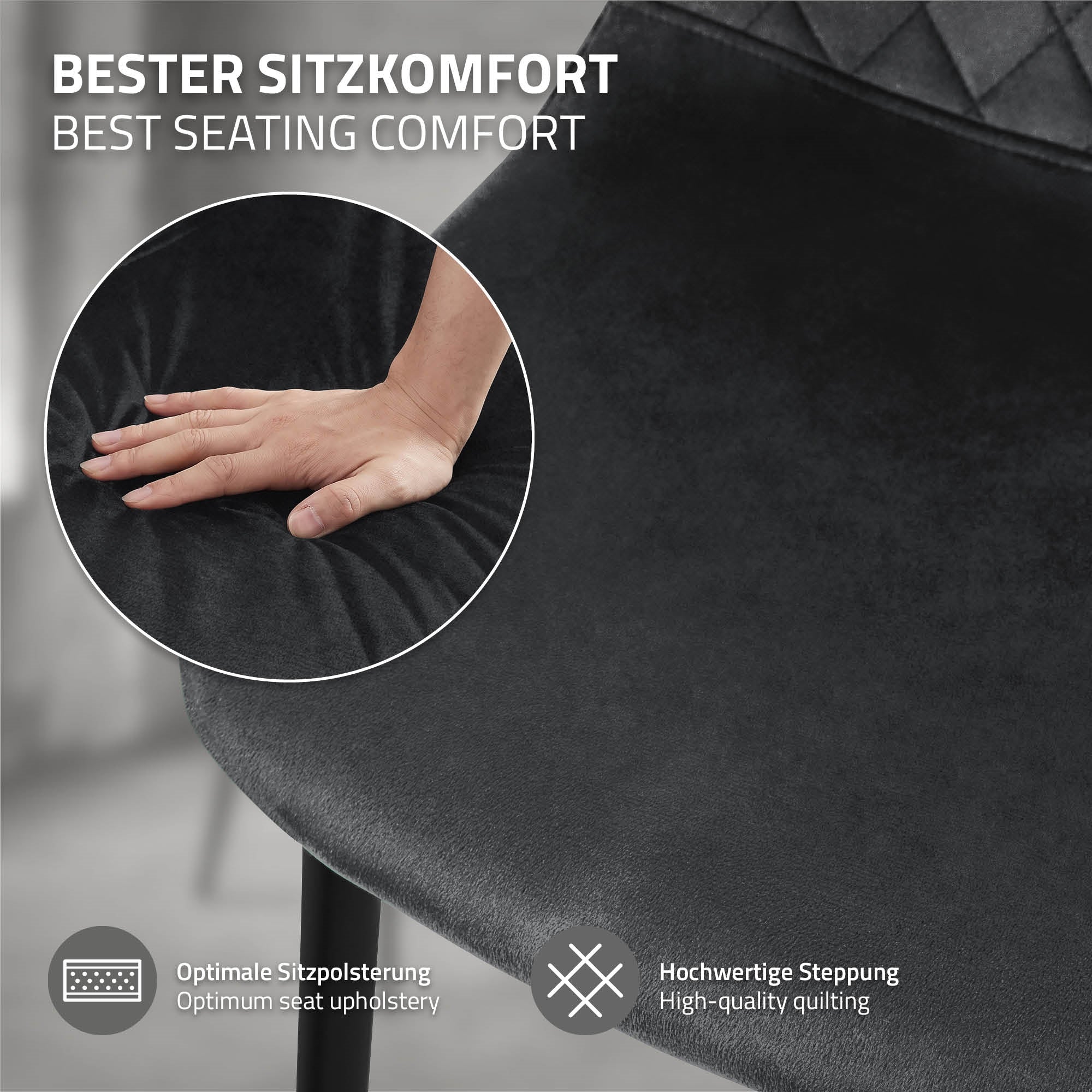 Nahaufnahme eines Stuhls mit hochwertiger Steppung und Hand auf der Polsterung.