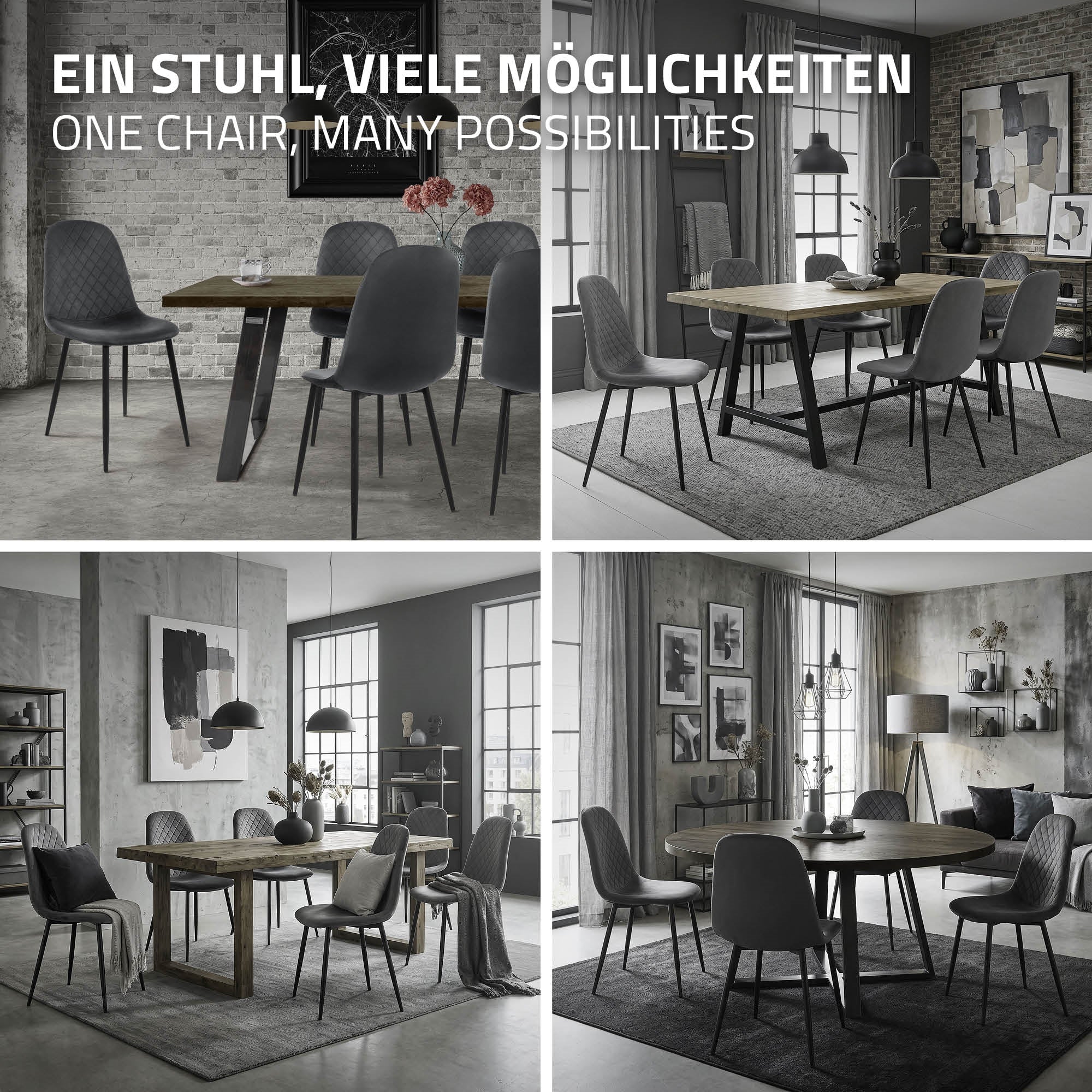 Vier Stühle in verschiedenen Arrangements um einen Tisch.
