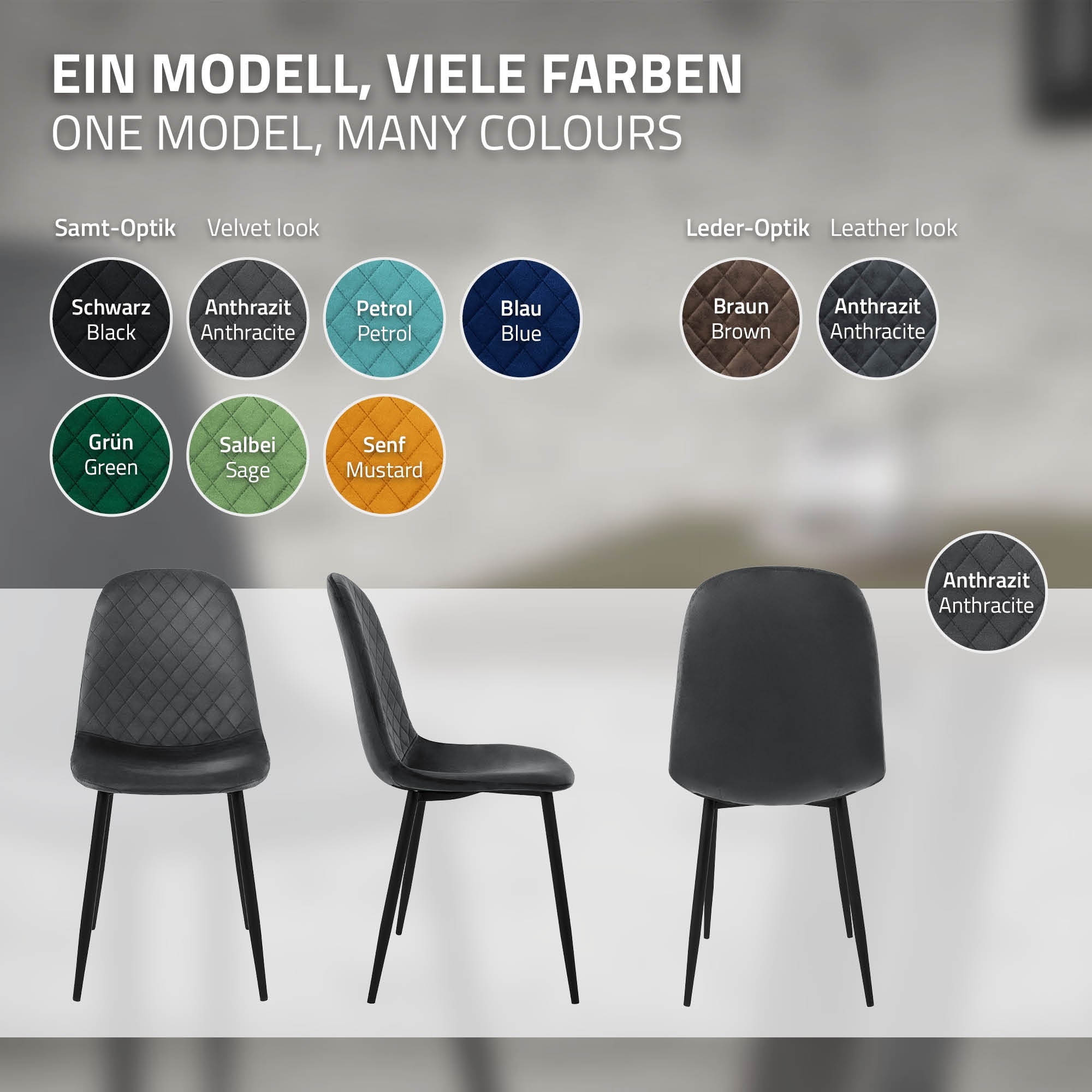 Ein Stuhl in verschiedenen Farben, darunter Anthrazit, Blau und Grün.