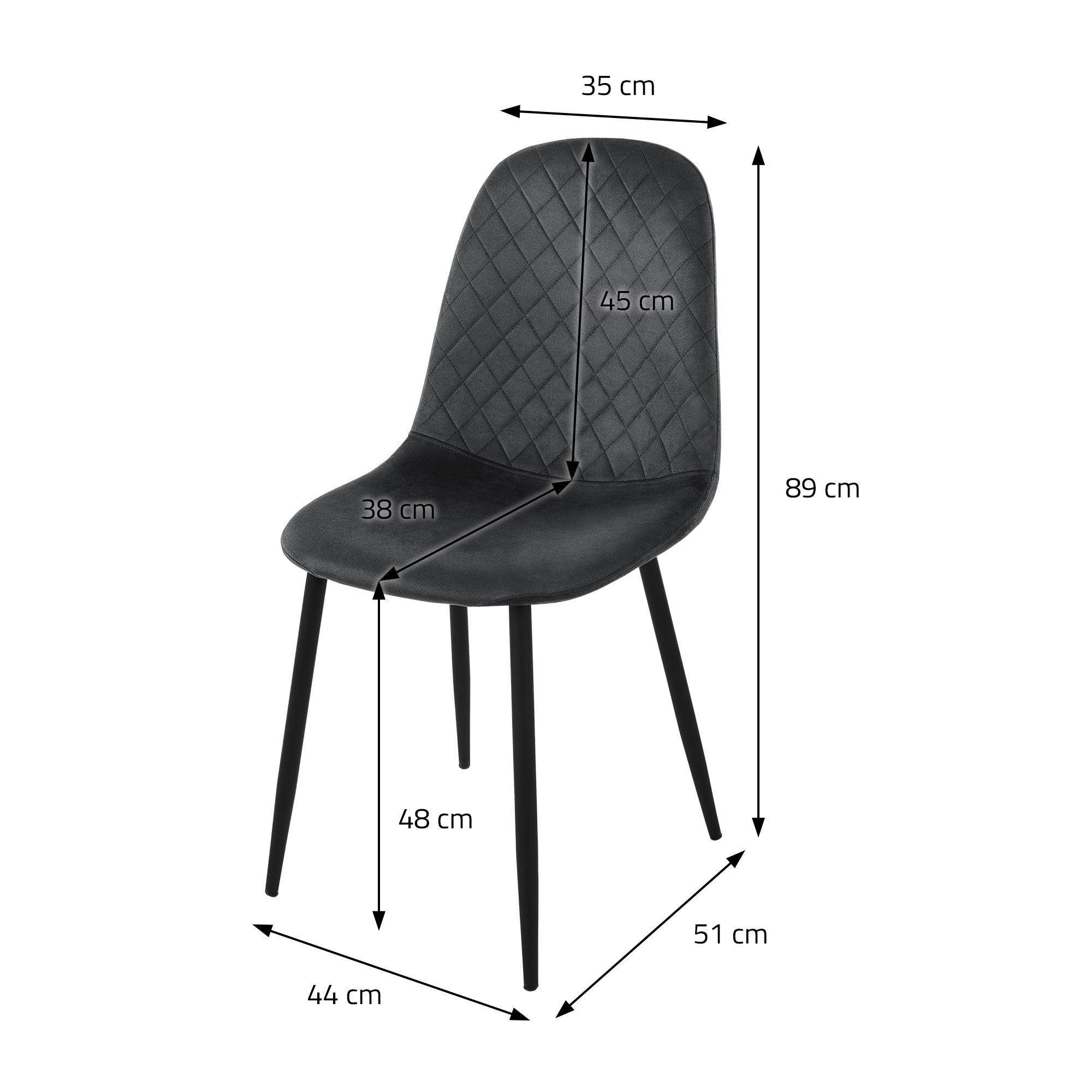 Černá židle s rozměry: výška 89 cm, šířka 44 cm, hloubka 51 cm.