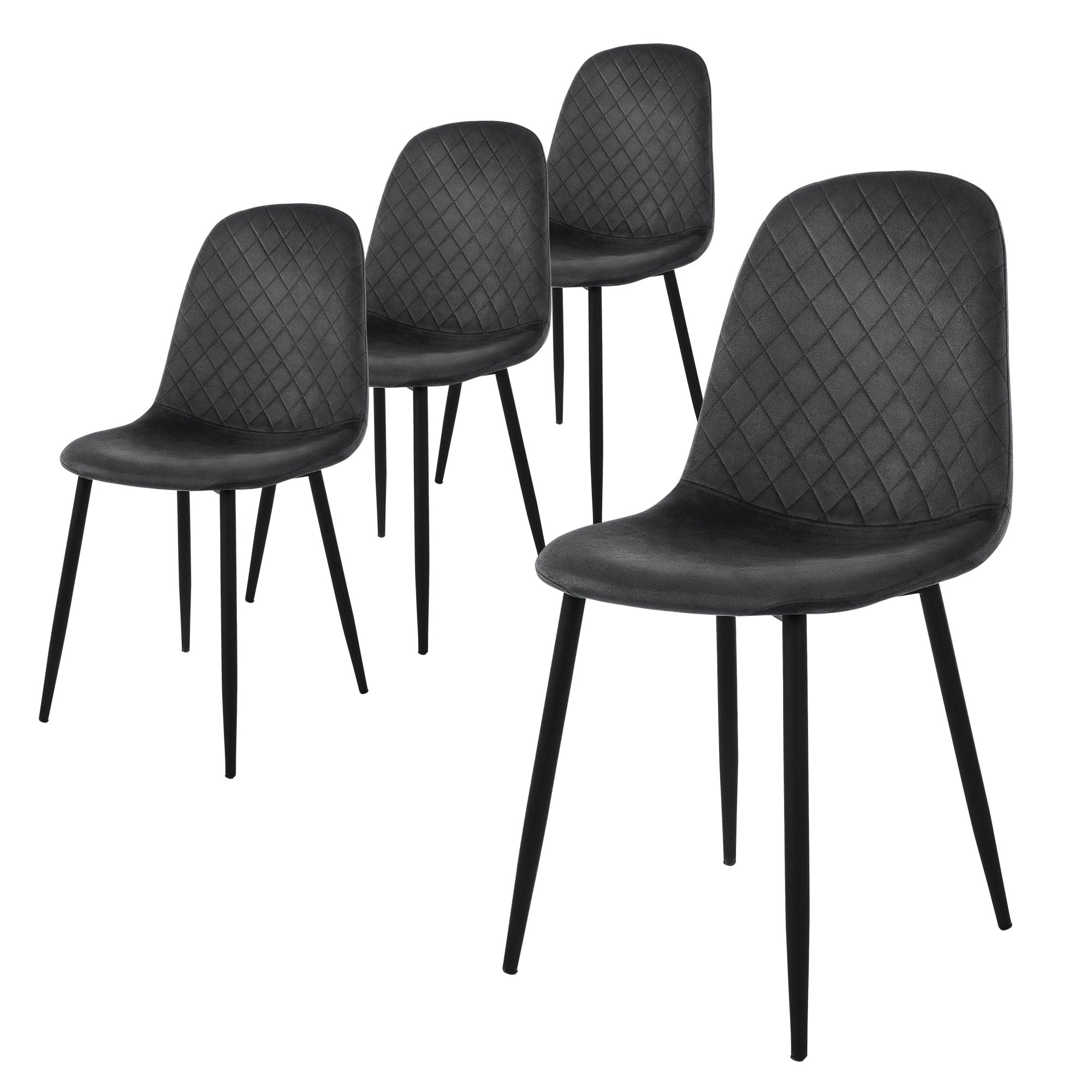 Vier schwarze Stühle mit diamantförmiger Polsterung in einer Reihe.