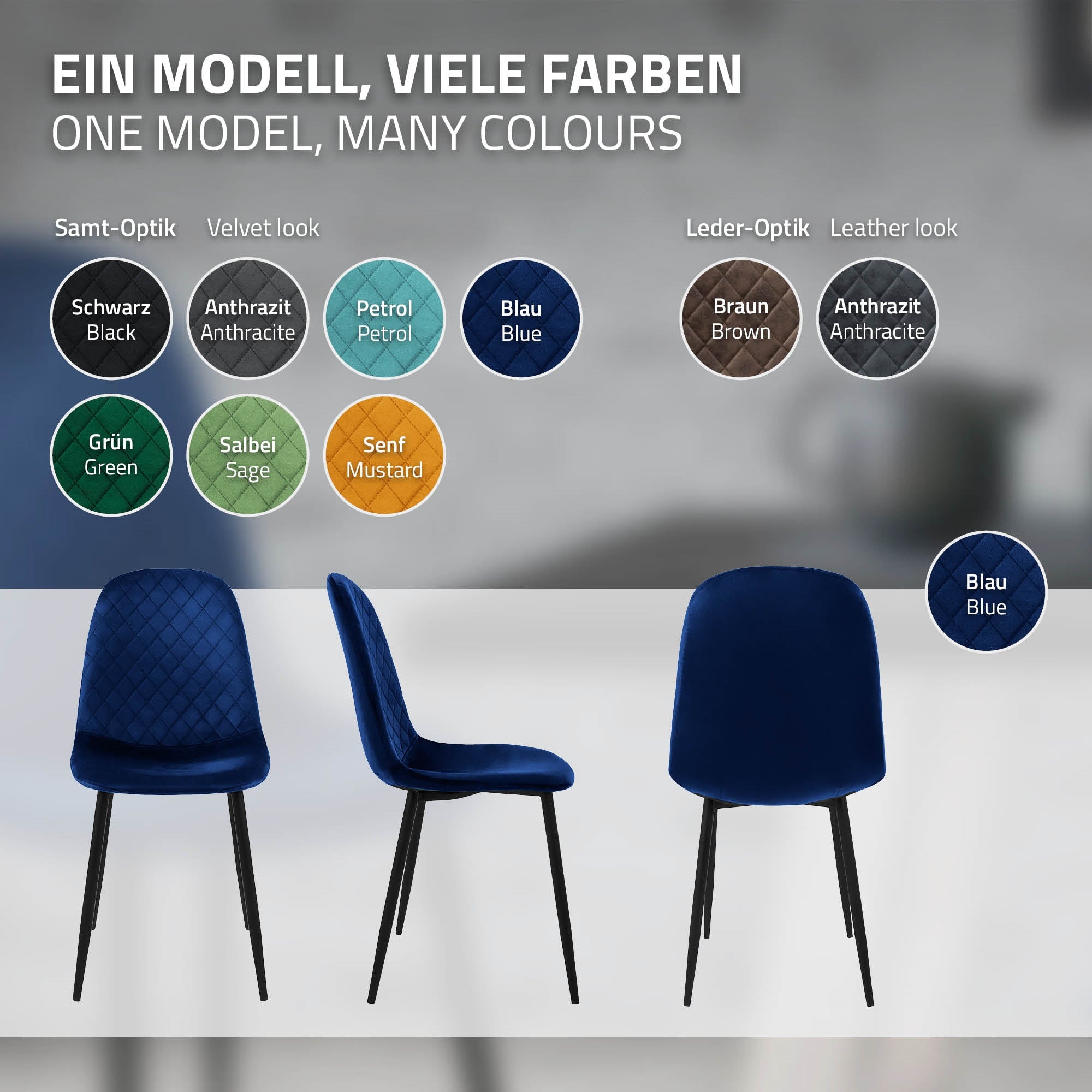 Drei Stühle in verschiedenen Farben, darunter Blau, Grün und Anthrazit.