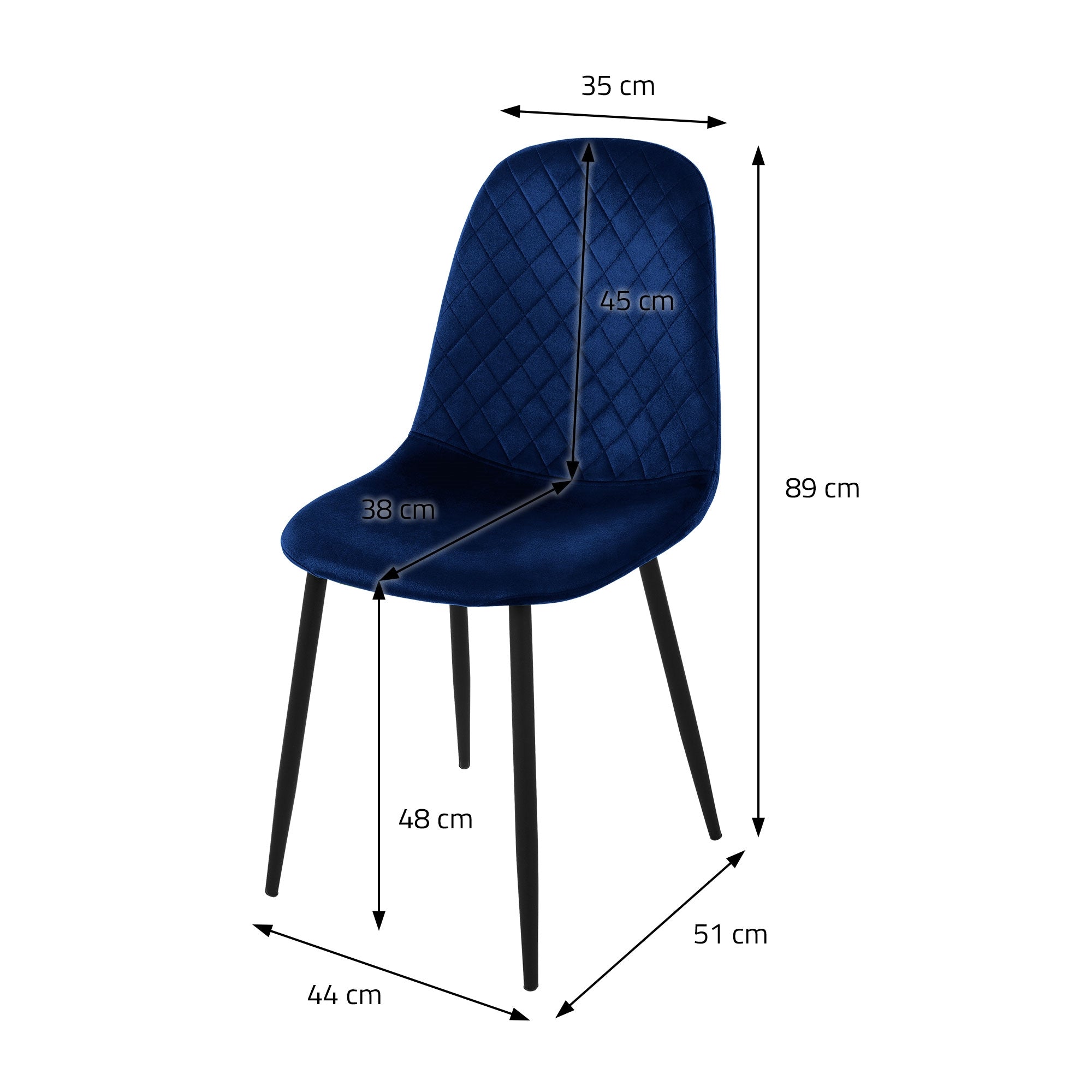 Maßzeichnung eines blauen Stuhls mit Abmessungen in cm.