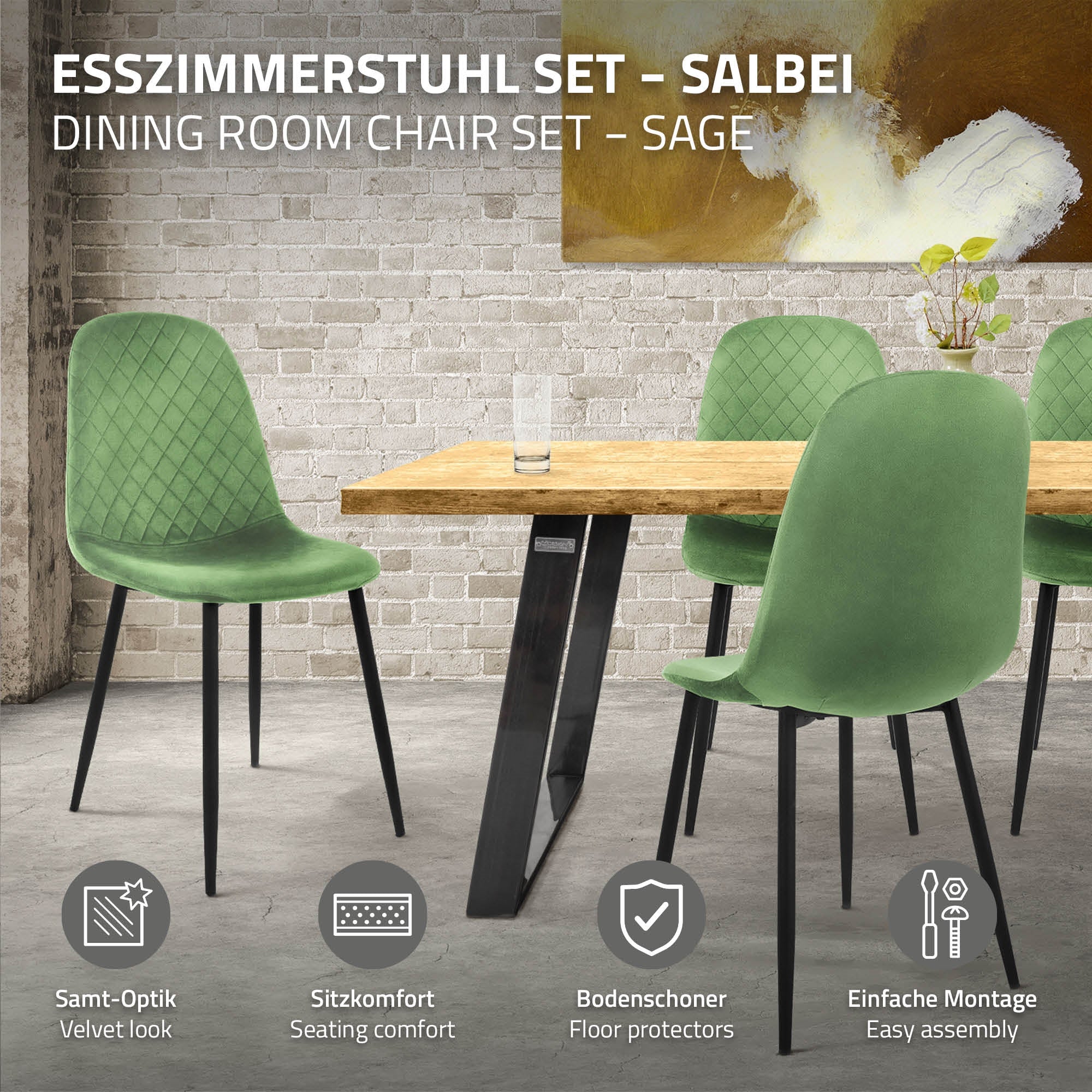 Esszimmerstuhl-Set in Salbeigrün an einem Holztisch.