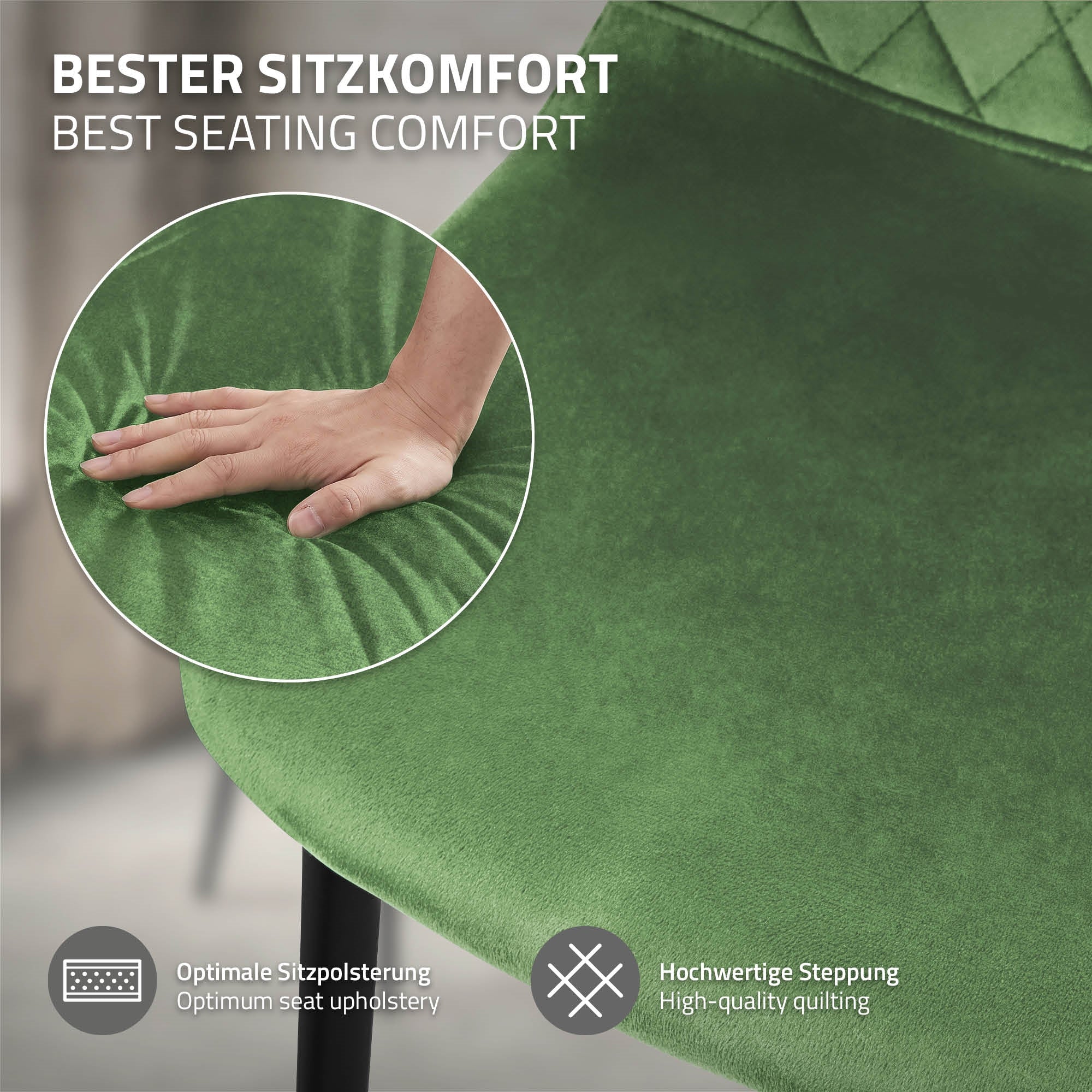 Nahaufnahme eines grünen Stuhls mit gepolsterter Sitzfläche.
