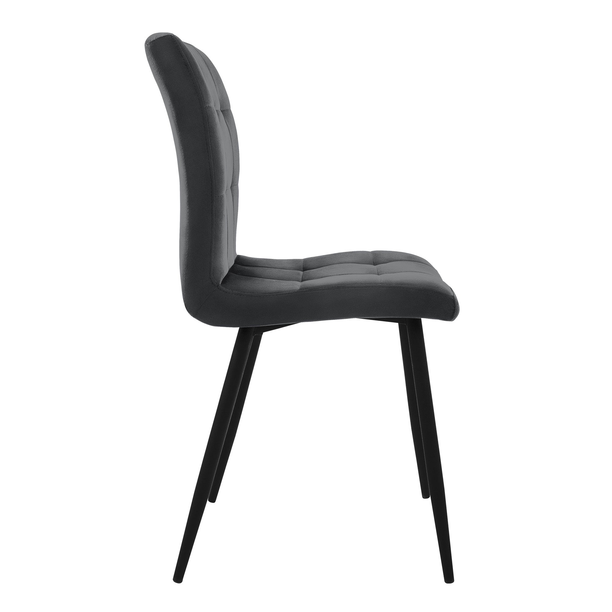 Vista lateral de una silla gris con asiento acolchado.