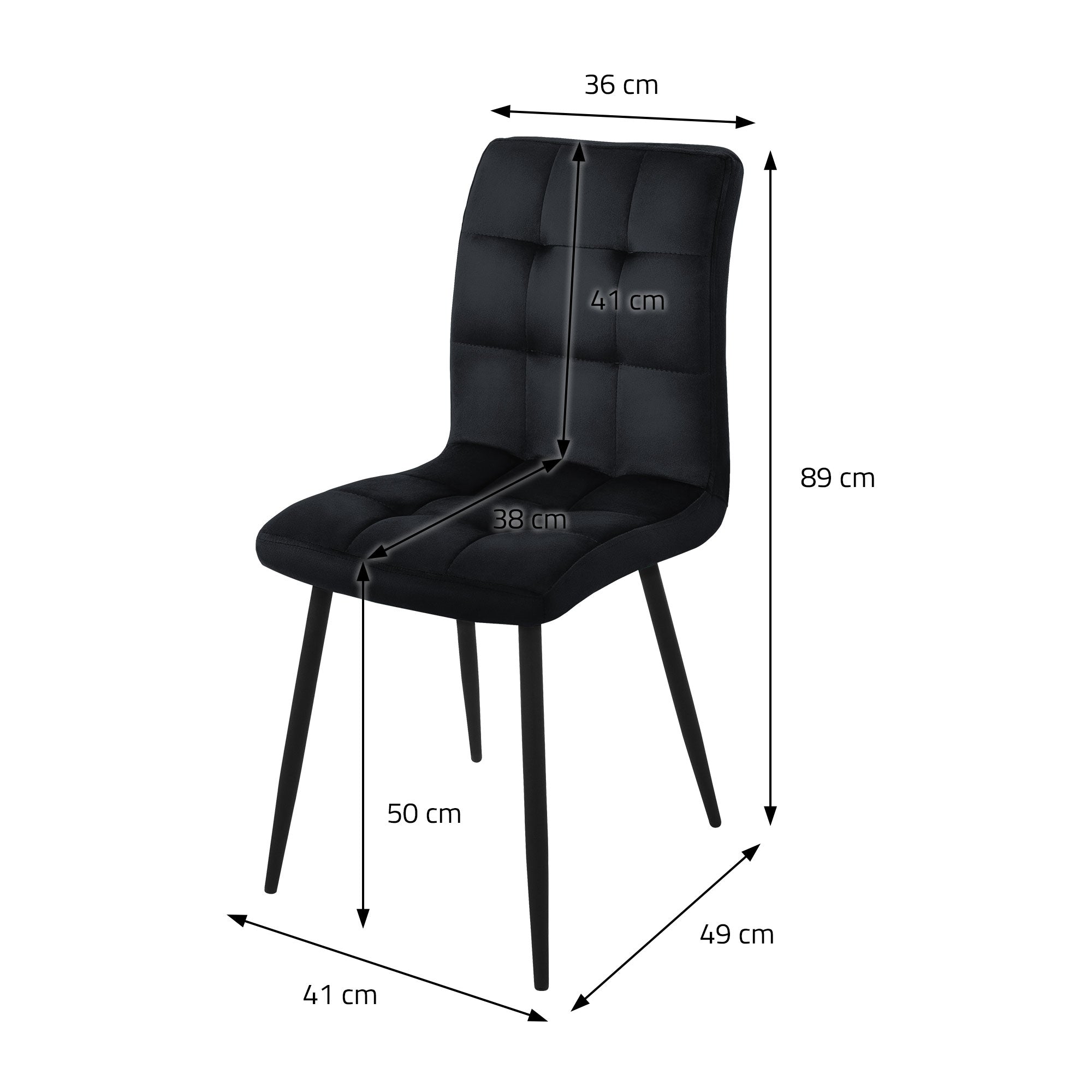 Chaise noire avec des dimensions : 36 cm de large, 41 cm de profondeur, 89 cm de hauteur.