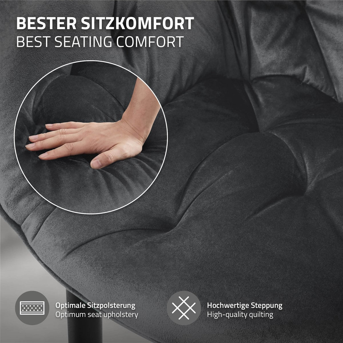Detailní záběr na židli s rukou, která testuje pohodlí sezení.