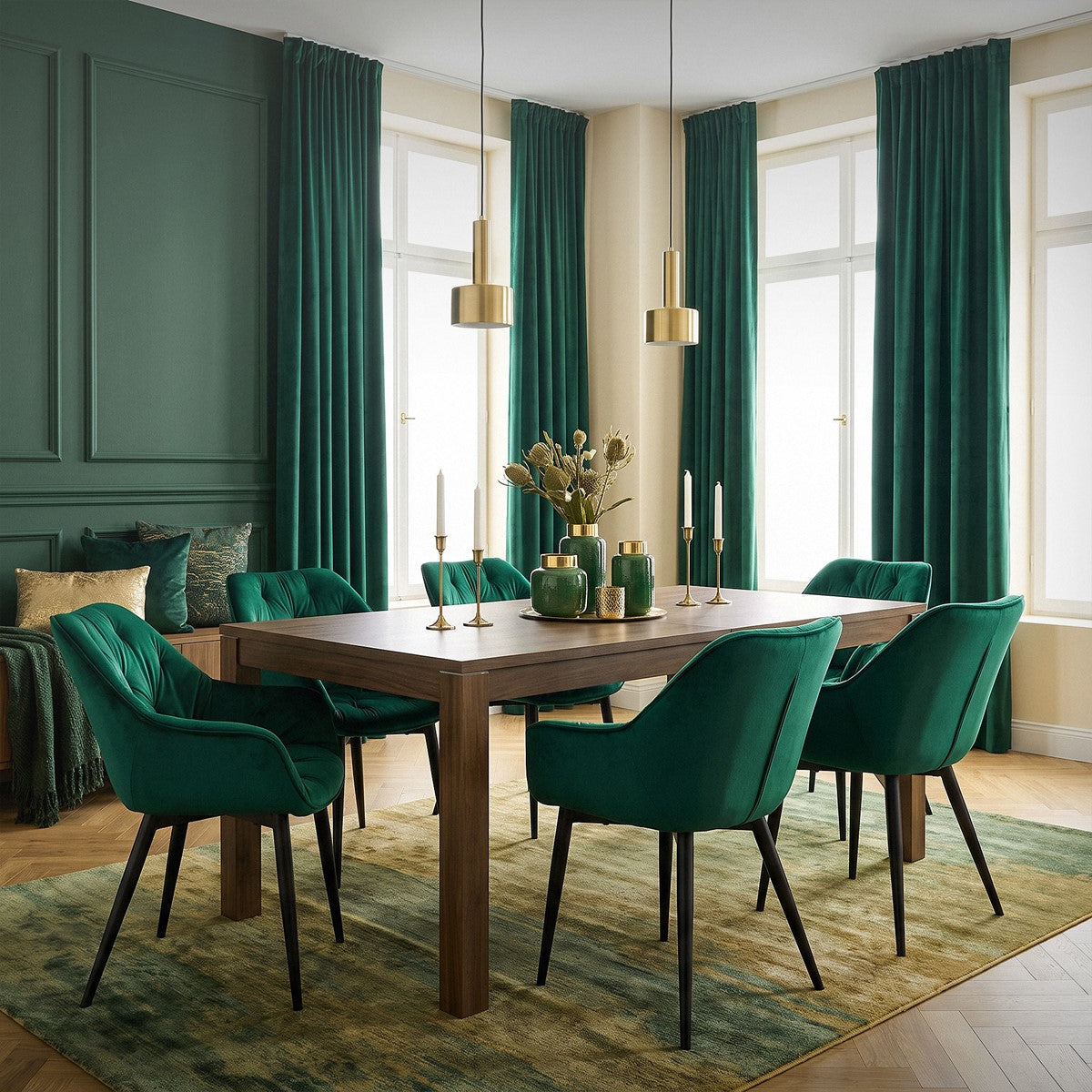Salle à manger avec des chaises vertes, table en bois et éléments décoratifs.