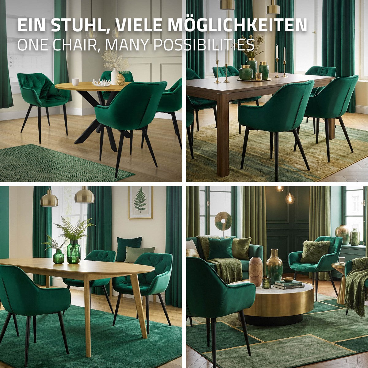 Quatre images d'une salle à manger avec des chaises vertes et une table en bois.