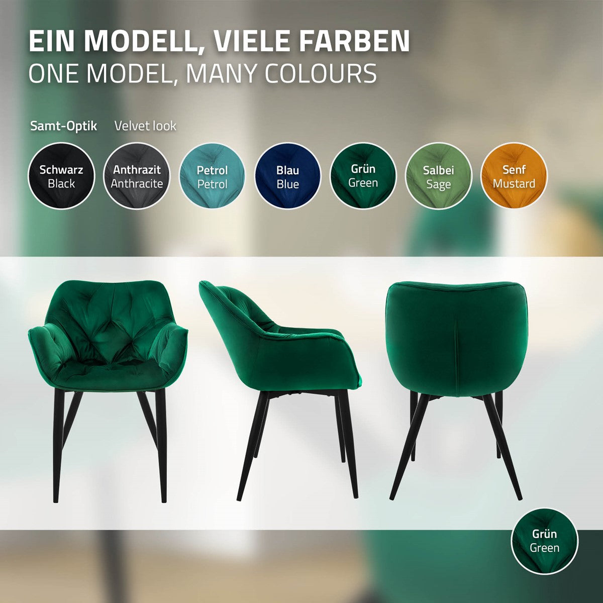 Une chaise verte dans différentes couleurs sur un fond blanc.