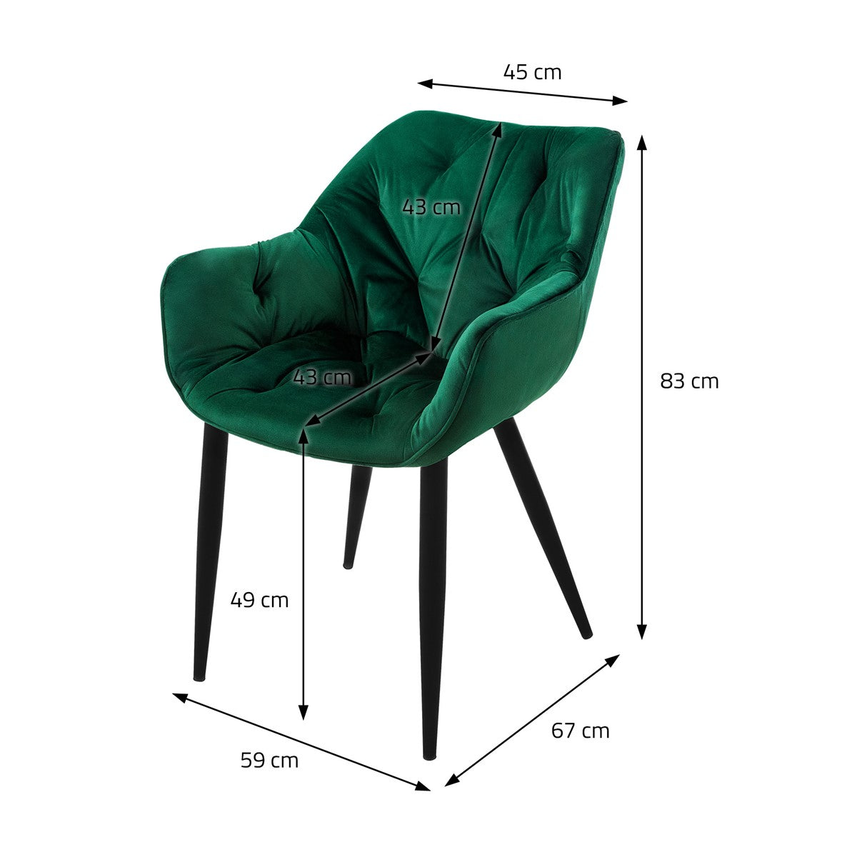 Une chaise verte avec des dimensions pour la hauteur et la largeur, sur fond blanc.