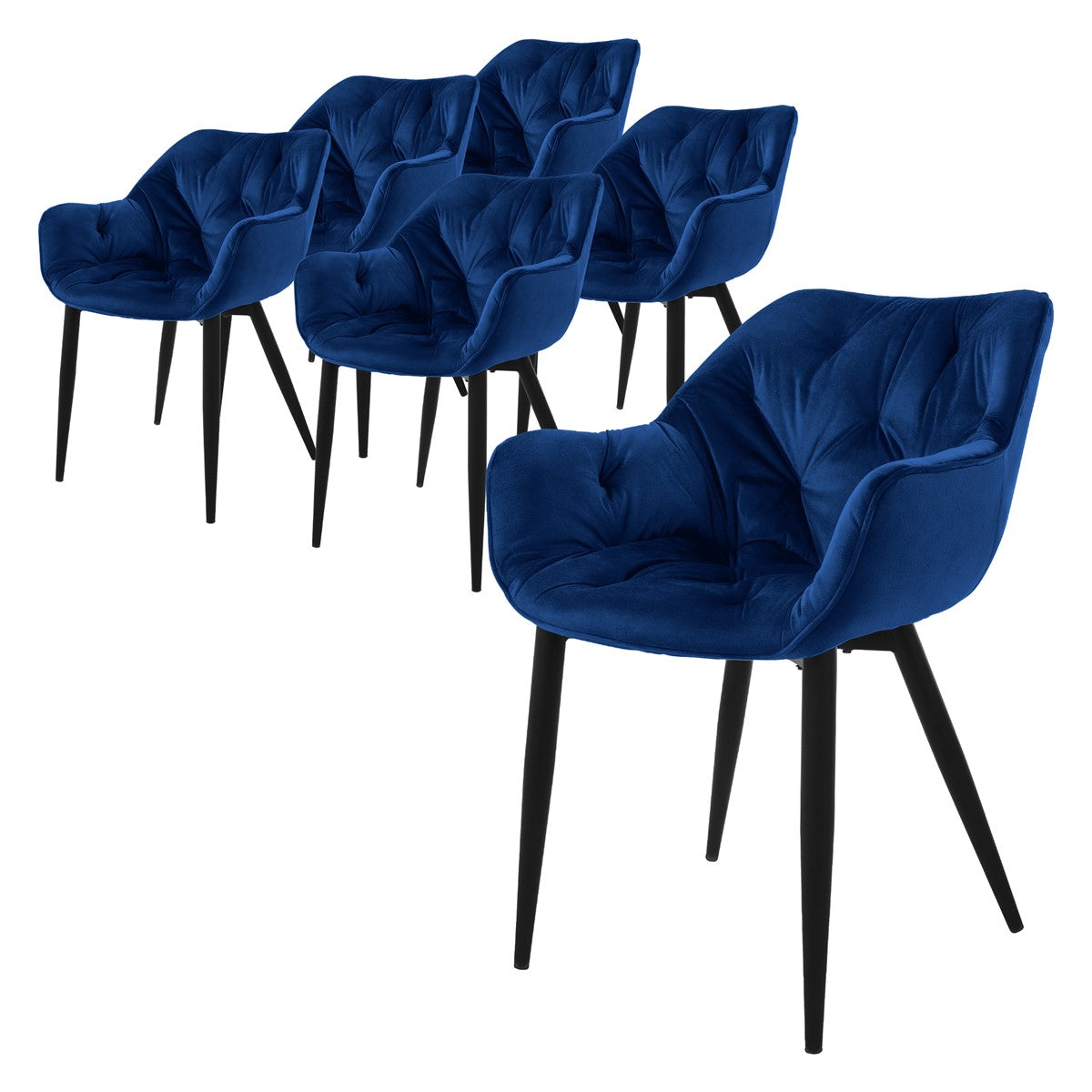 Sechs blaue Stühle mit gepolsterten Sitzen und schwarzen Beinen.