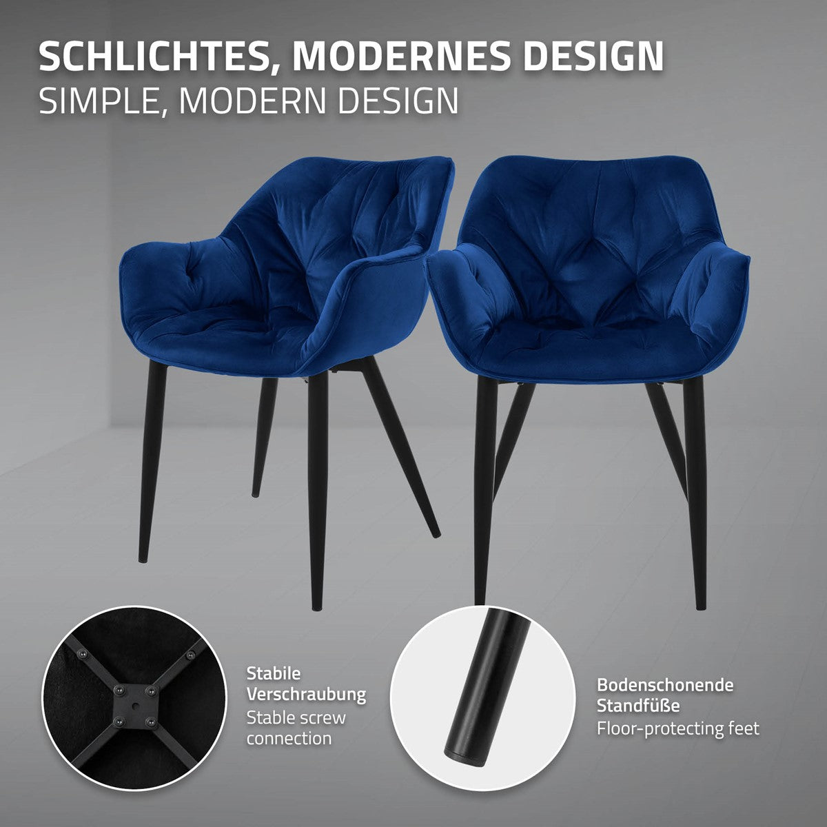 Deux chaises bleues avec des designs modernes sur un fond gris.
