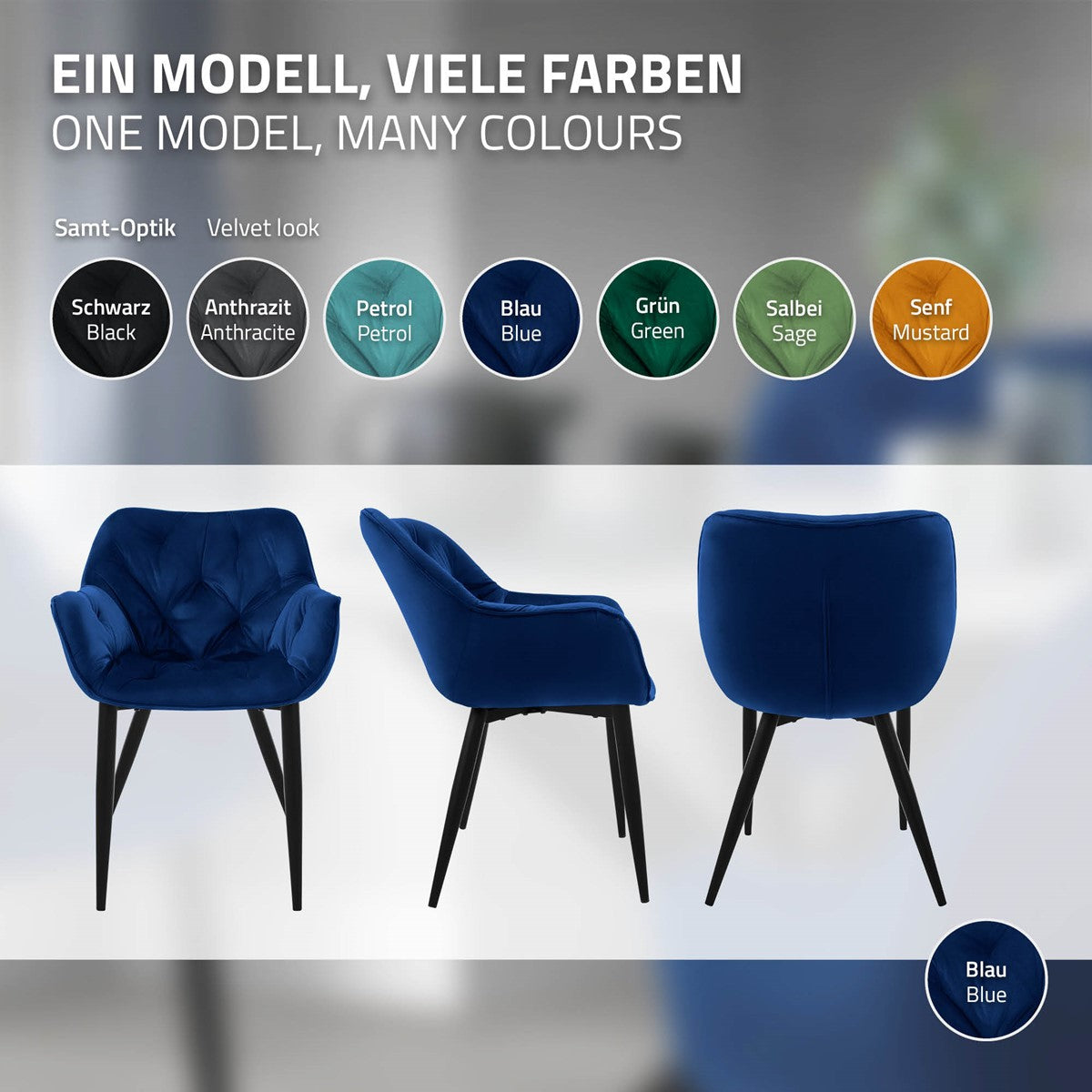 Chaise bleue avec un aspect velours, différentes options de couleur affichées.