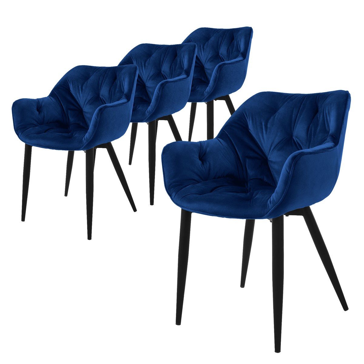 Vier blaue Stühle mit schwarzen Beinen auf einem weißen Hintergrund.