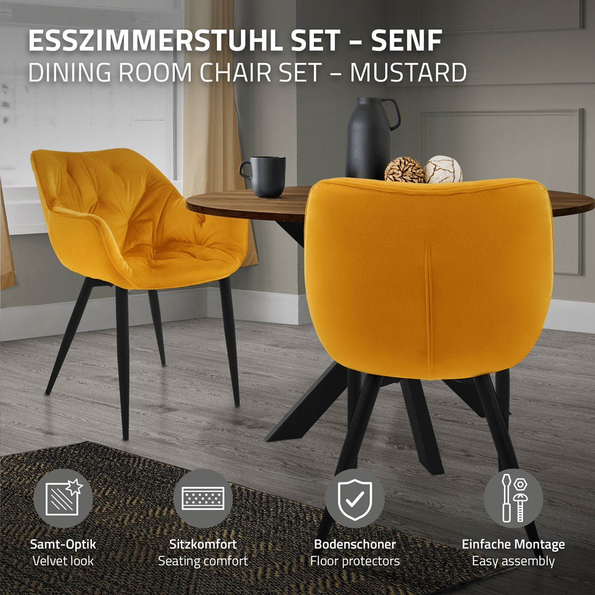 A yellow dining chair next to a round table, with assembly instructions.