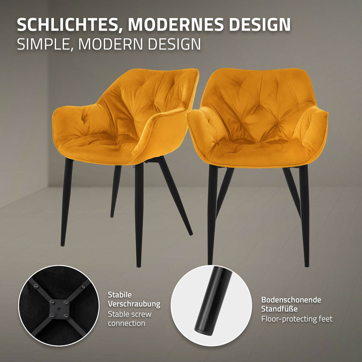 A yellow chair with a stable screw connection and protective feet.