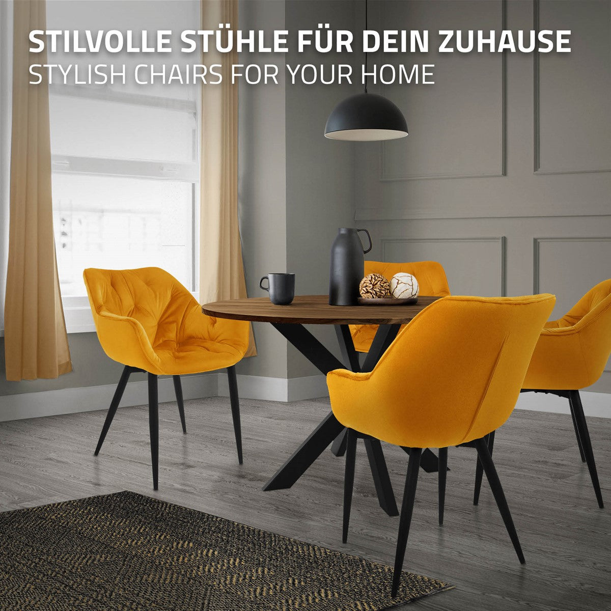 A dining room with a round table and three yellow chairs.