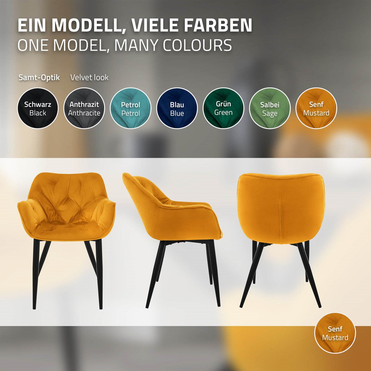 A model of dining chairs in various colors on a color wheel.