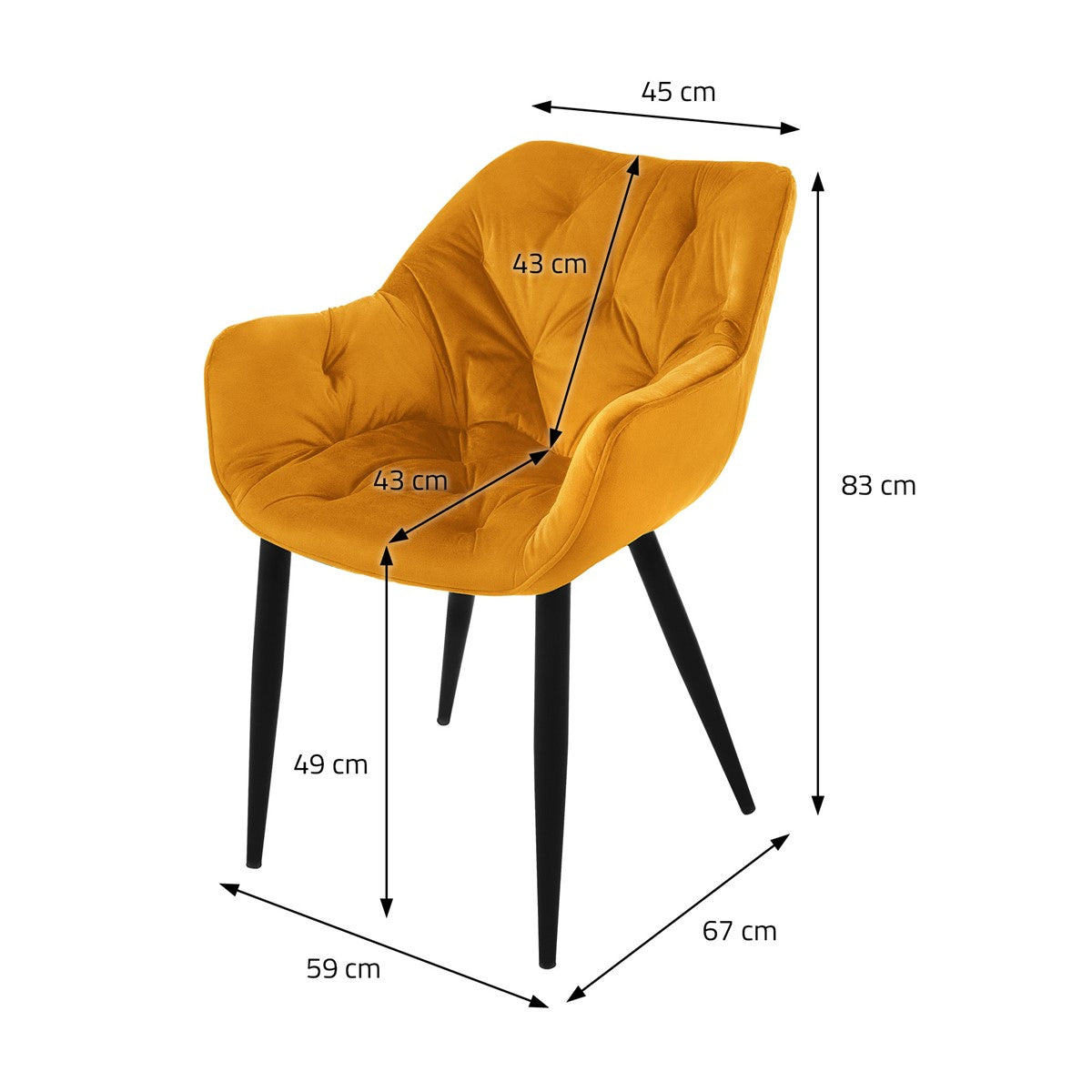 A yellow chair with measurements in centimeters on a white background.
