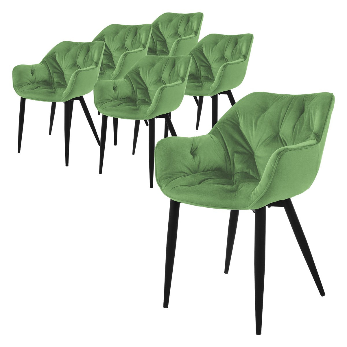 Sechs grüne Stühle mit schwarzem Gestell auf weißem Hintergrund.