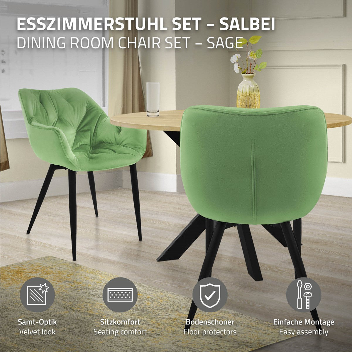 Spisestuestol i salviegrønne farver, arrangeret omkring et bord i et moderne rum.