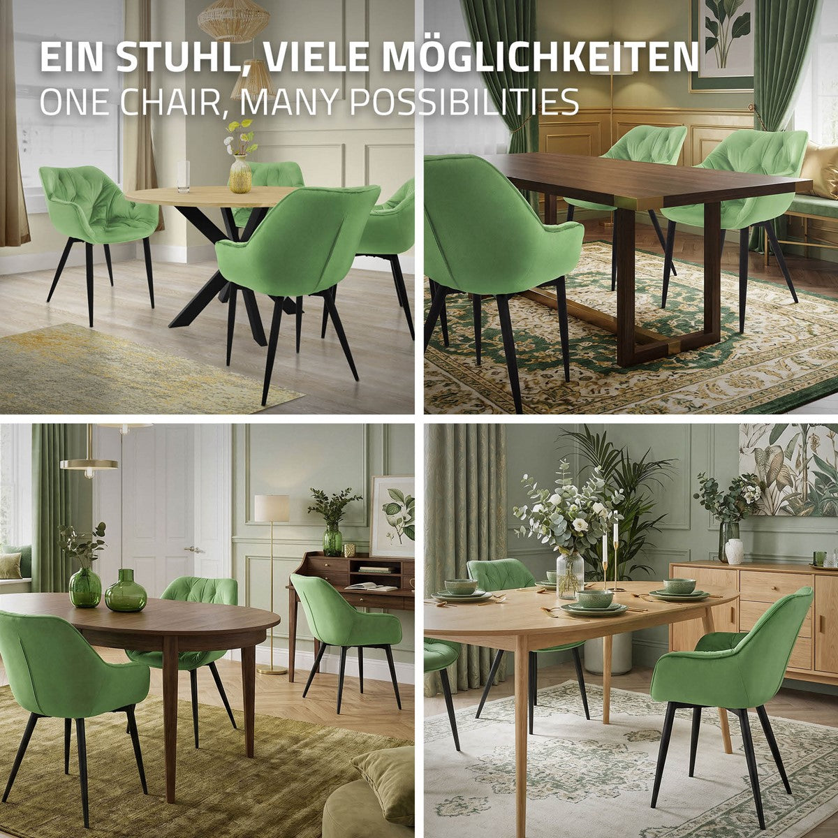 Quatre images d'une salle à manger avec des chaises vertes et une table en bois.