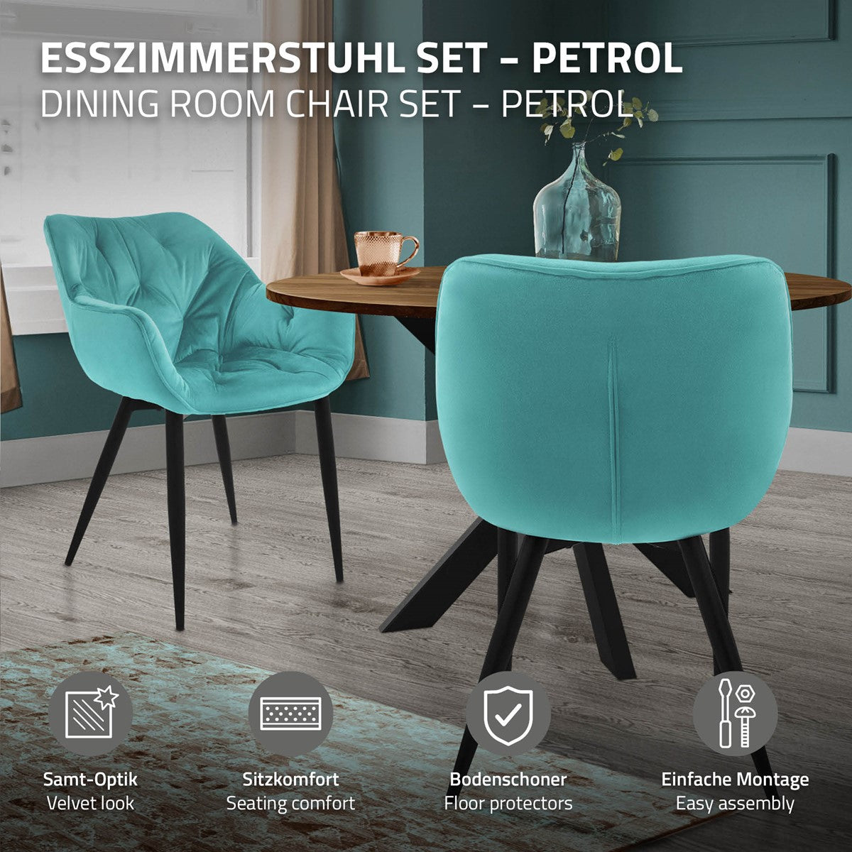 Una silla azul en la mesa con una bebida y elementos decorativos.