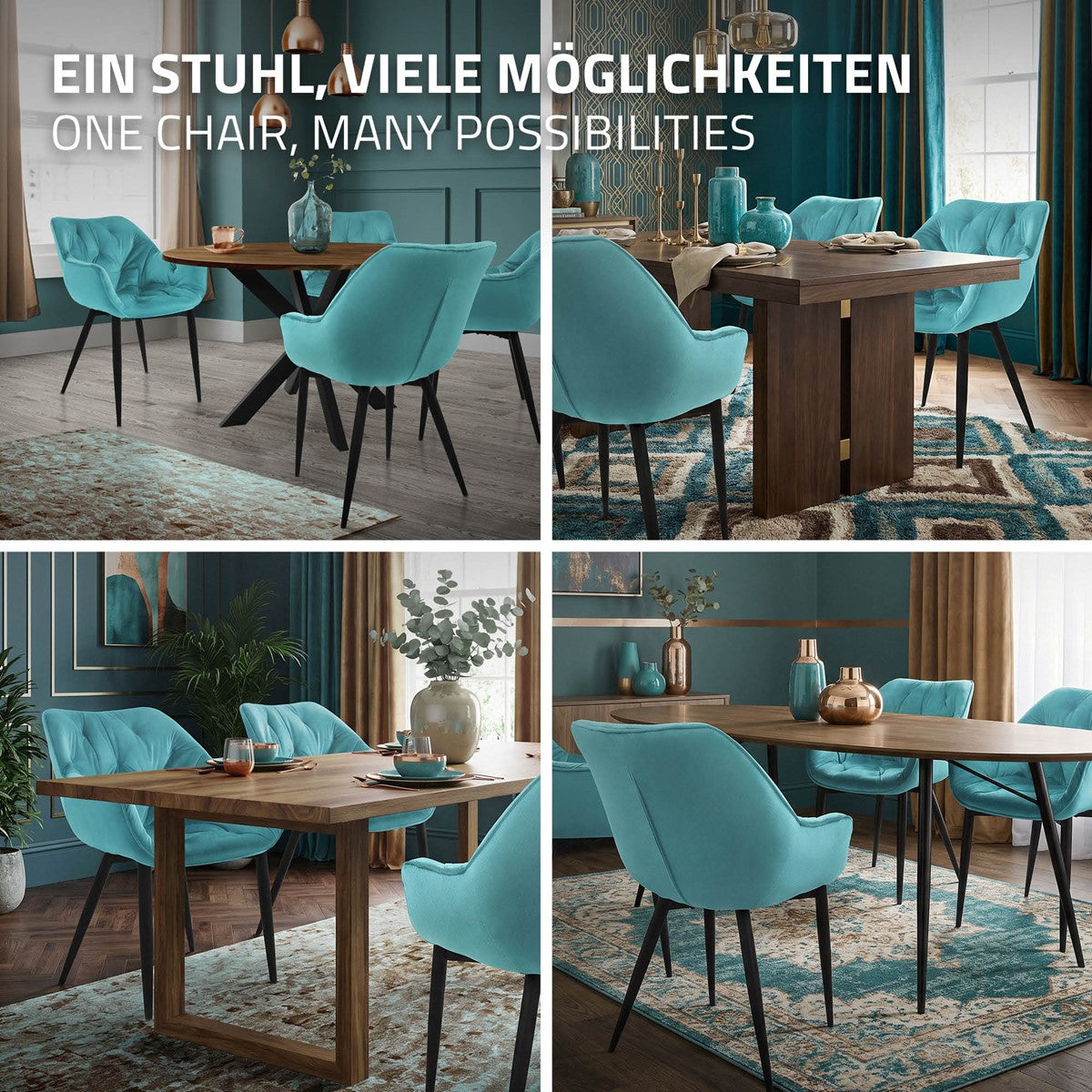 Diferentes vistas de una silla turquesa en un espacio elegante.