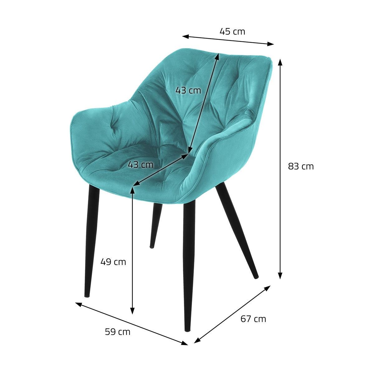 Dibujo de medidas de una silla azul con dimensiones en centímetros.