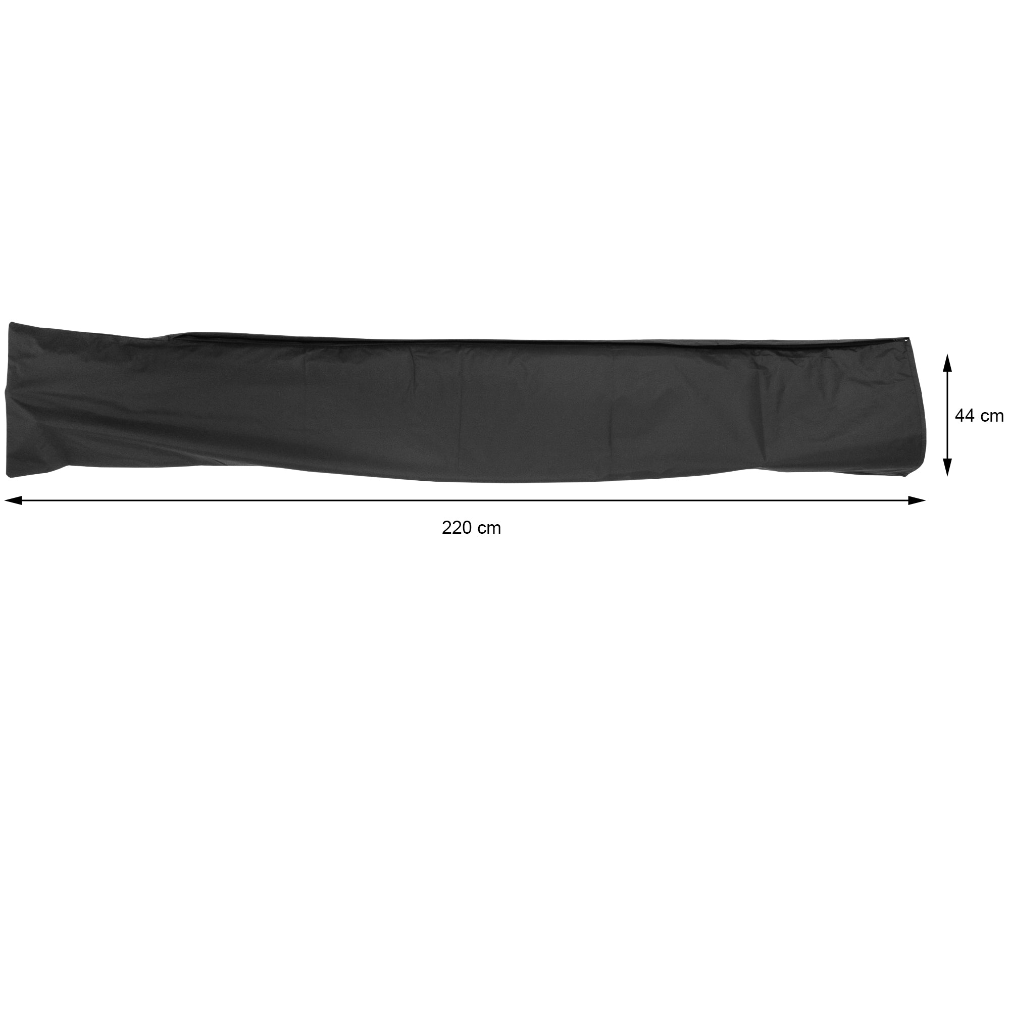 Černý kryt, 220 cm dlouhý a 44 cm vysoký, ležící na plocho.