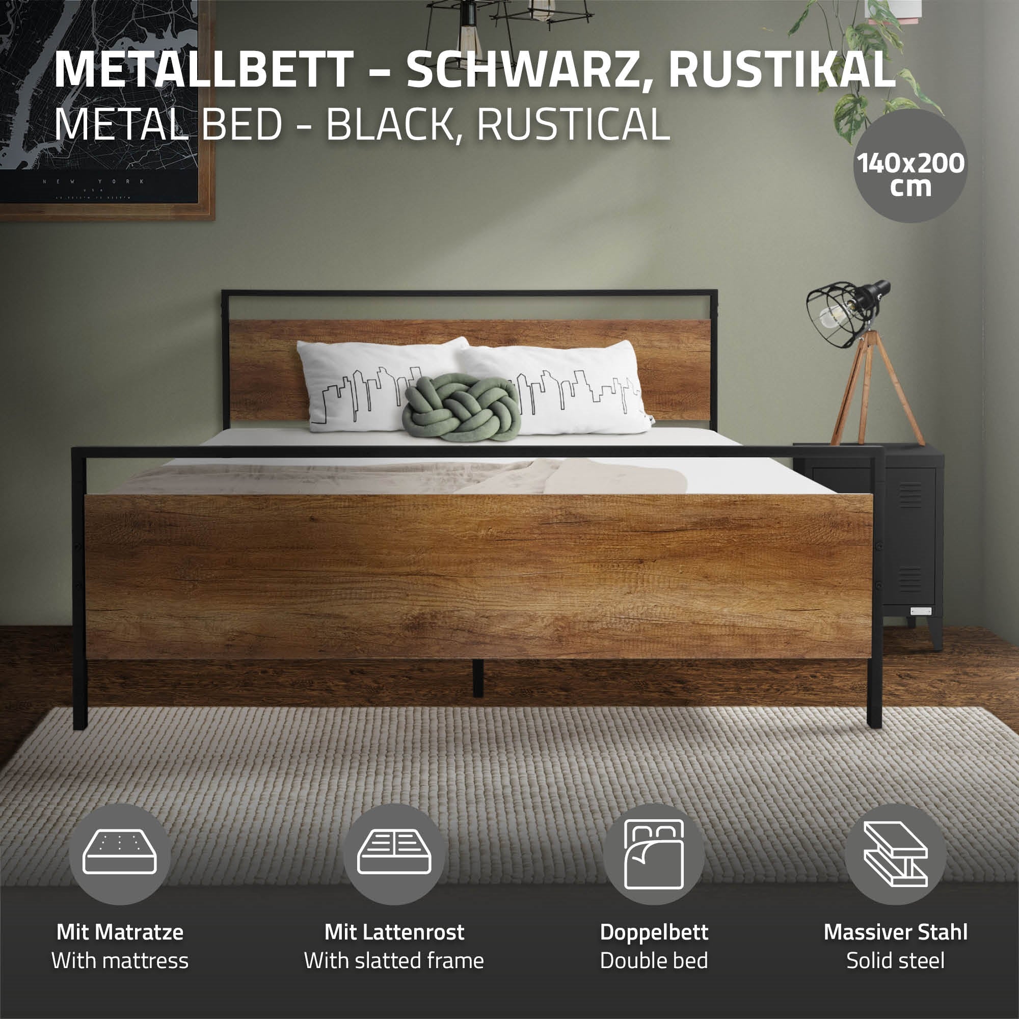 Zwart metalen bed met rustiek hout, 140x200 cm, met matras.