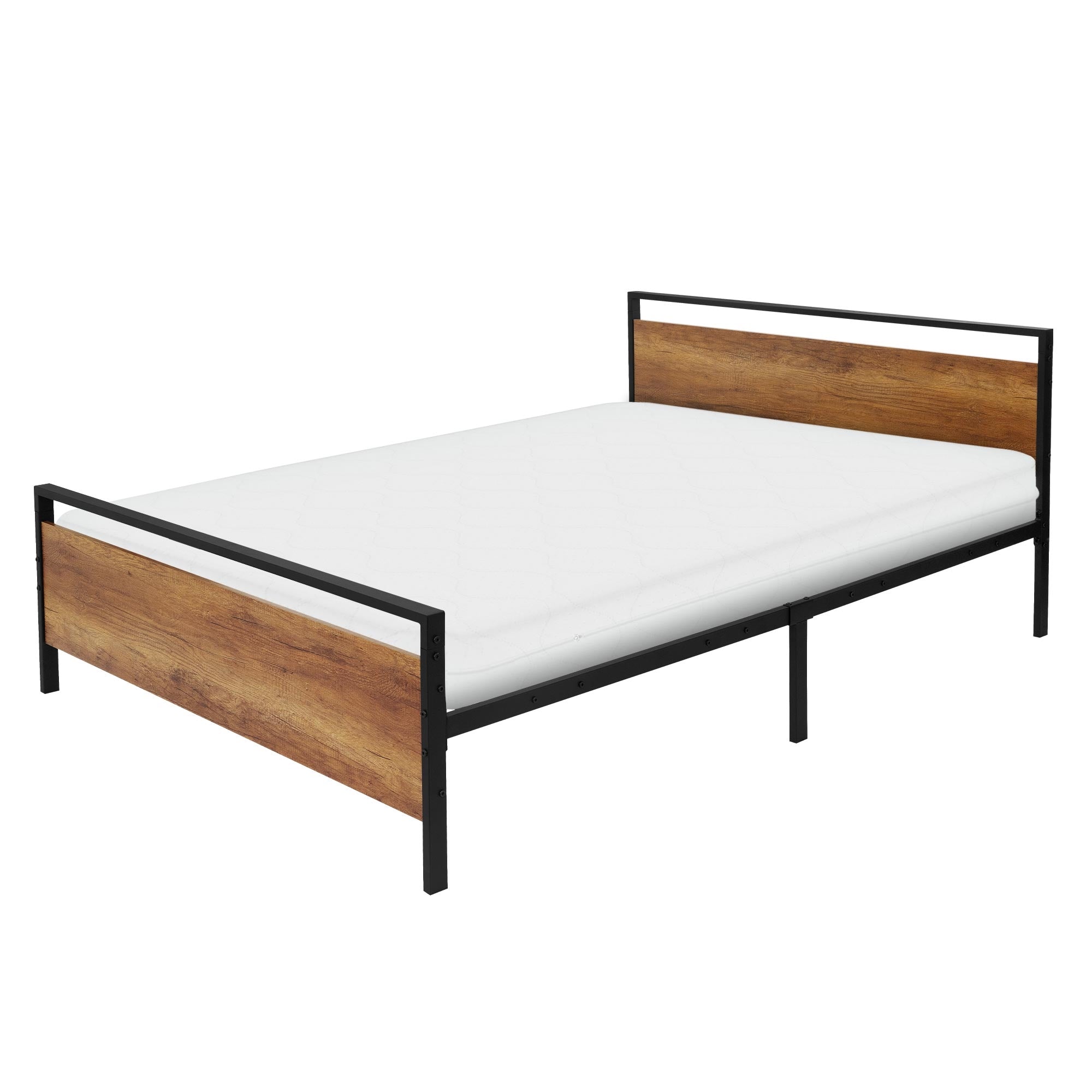 Metalen bed met houten rugleuning, matras niet inbegrepen, in zijaanzicht.