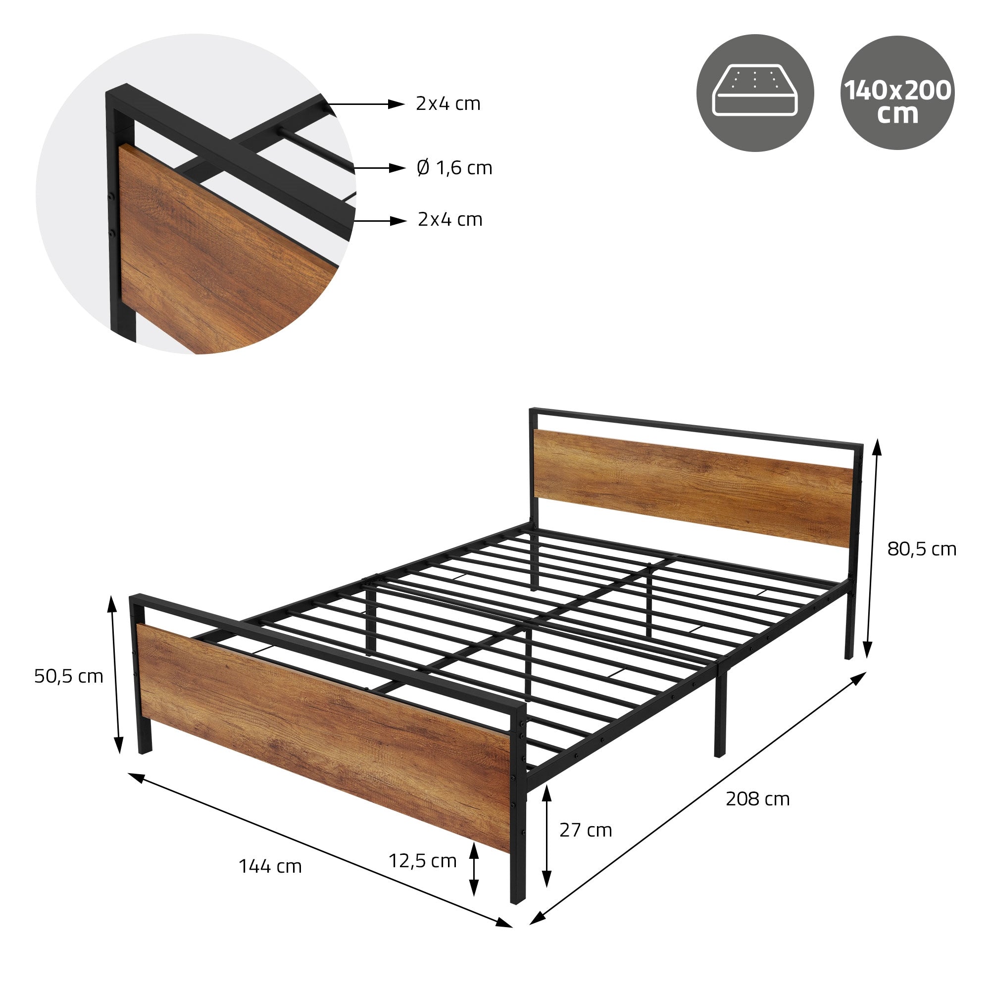 Technische tekening van een bed met afmetingen en materiaalspecificaties.