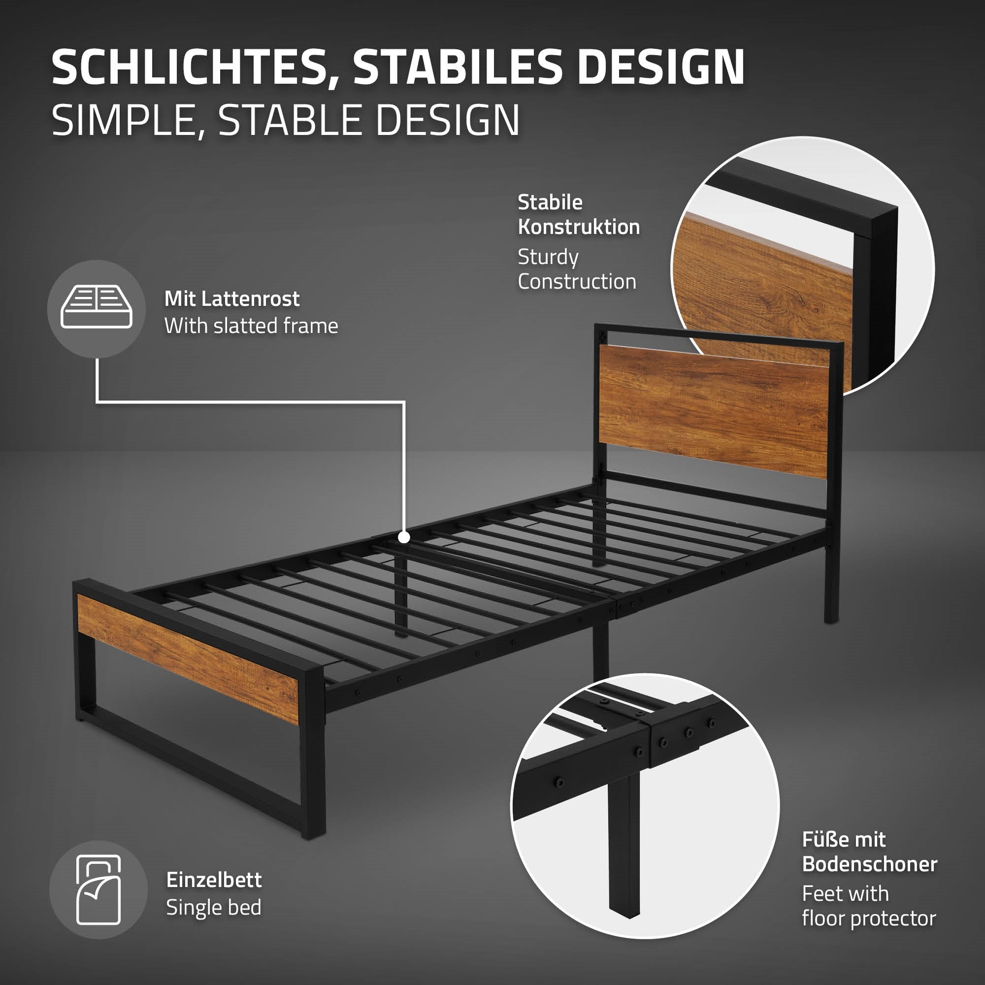 Grafik eines Einzelbettes mit Lattenrost und stabiler Konstruktion.