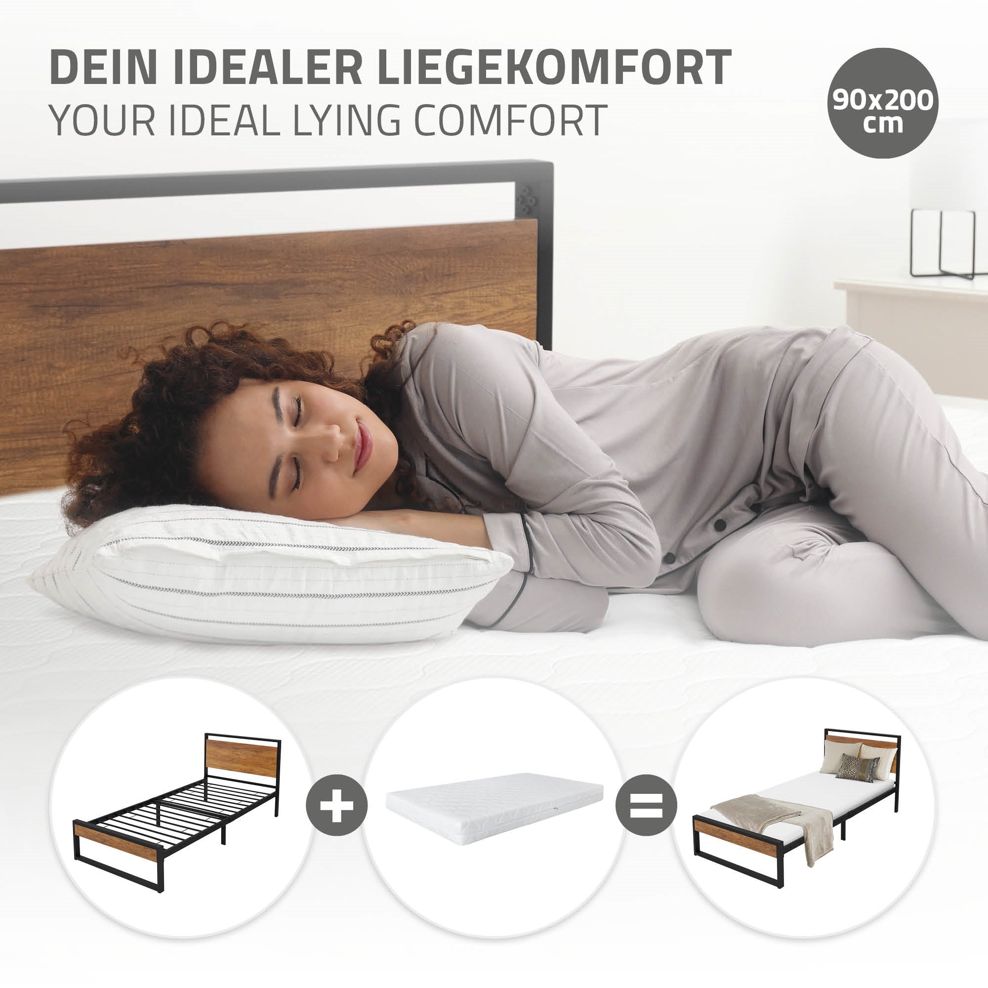 Eine Person liegt entspannt auf einem Bett mit Kopfkissen und Matratze.