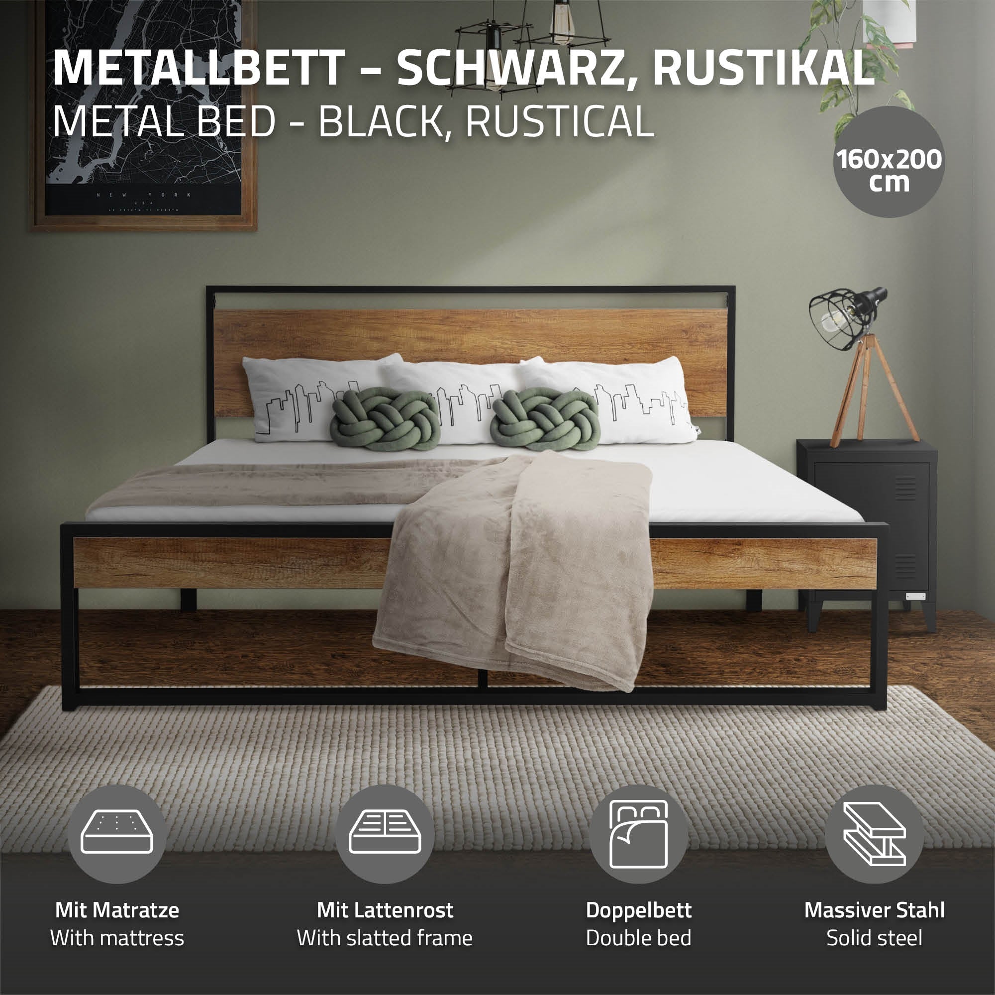 Schwarzes Metallbett mit rustikalem Holzrahmen, 160x200 cm, mit Matratze.